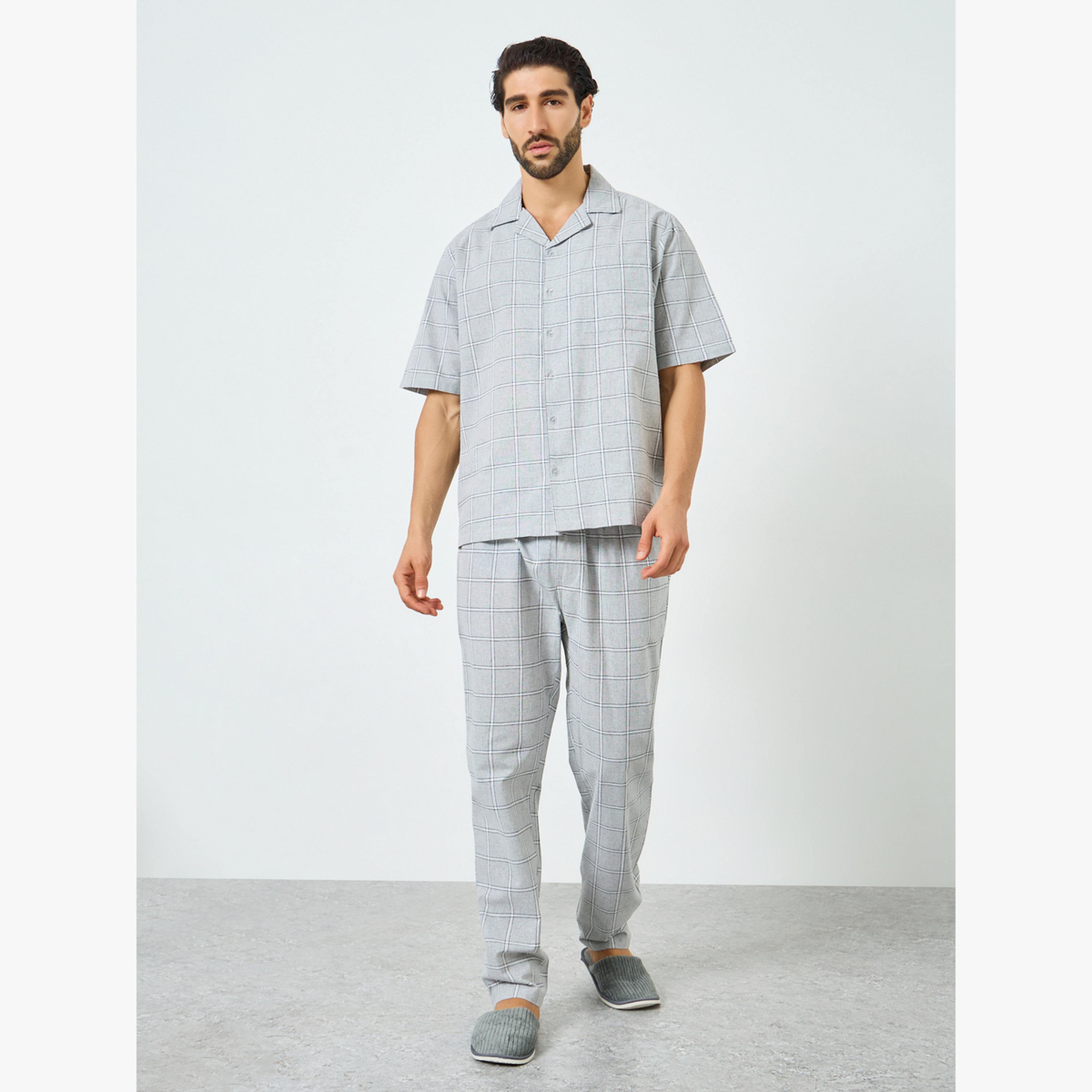 Styli Grey Relaxed Checked Cotton Shirt and Pyjama Set-men-clothing-nightwear-sets-image-1