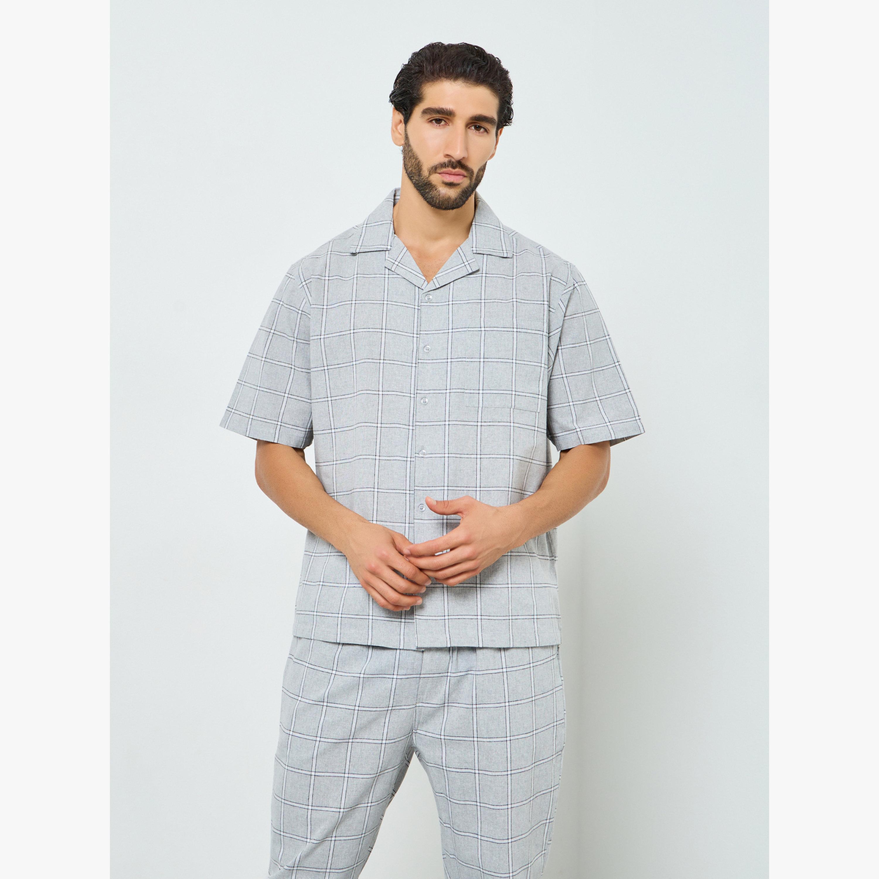 Styli Grey Relaxed Checked Cotton Shirt and Pyjama Set-men-clothing-nightwear-sets-image-2
