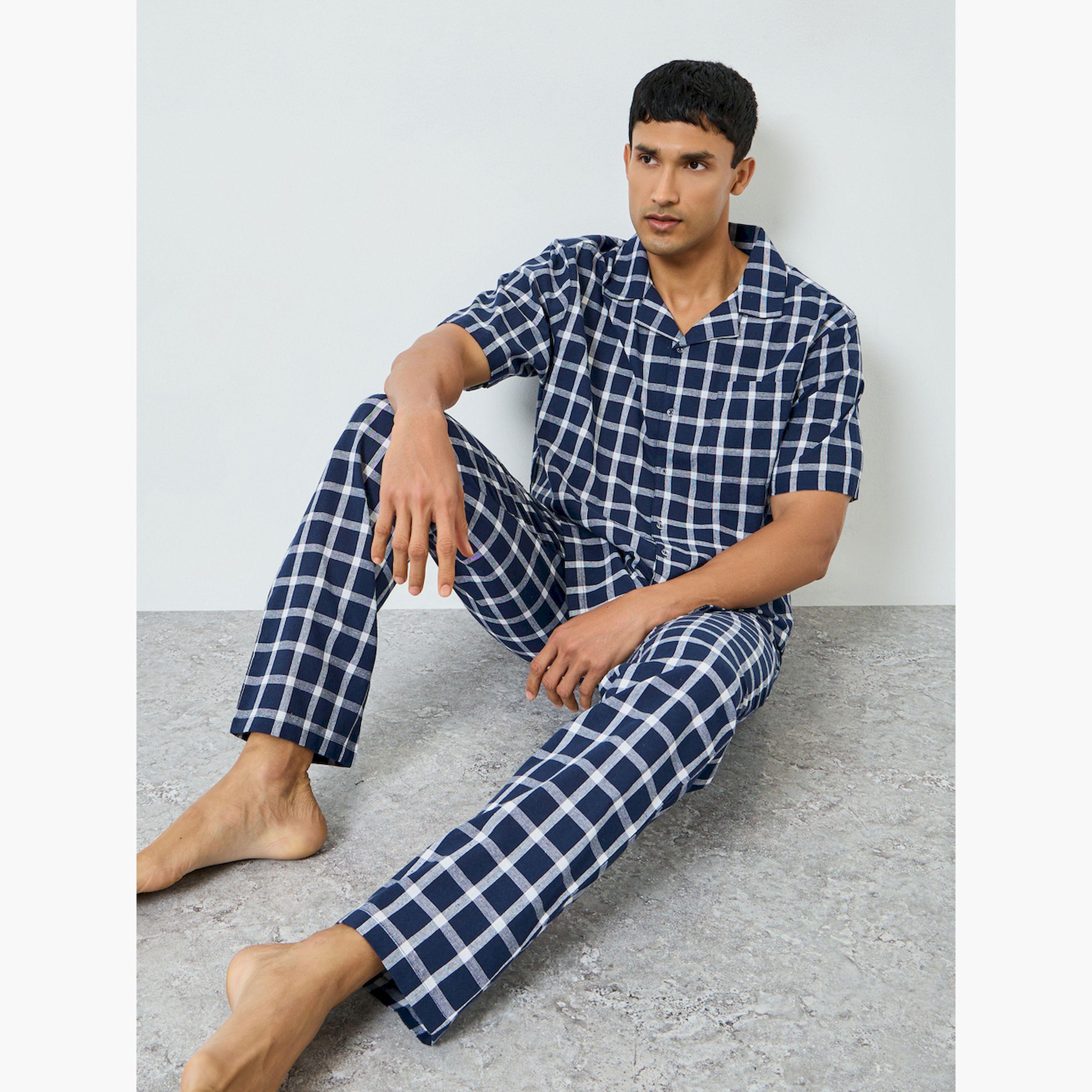 Styli Relaxed Checked Short sleeve Shirt and Pyjama Set-men-clothing-nightwear-sets-image-2