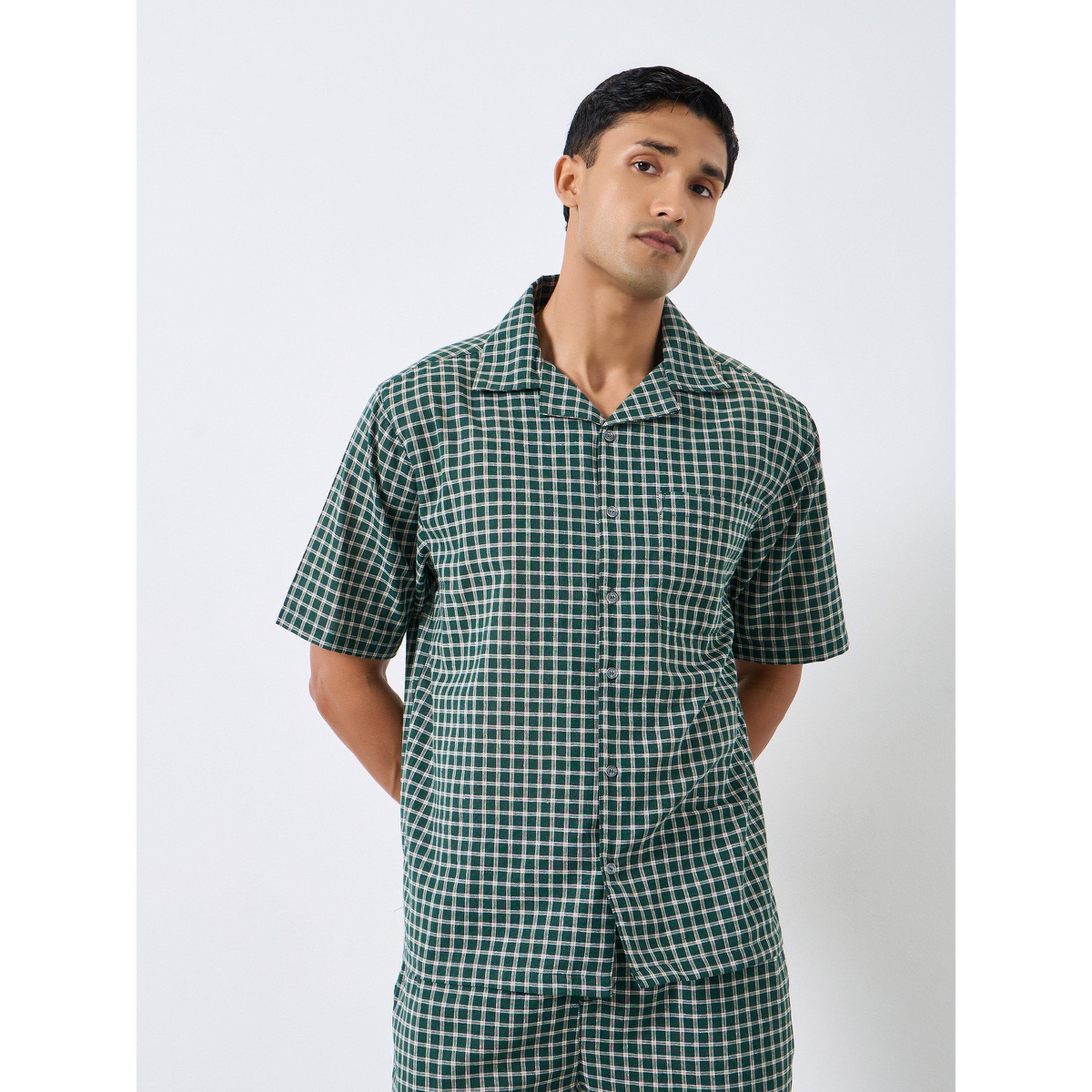 طقم بيجاما من بنطال وقميص قطني مربعات للرجال بقصة مريحة-men-clothing-nightwear-sets-image-2