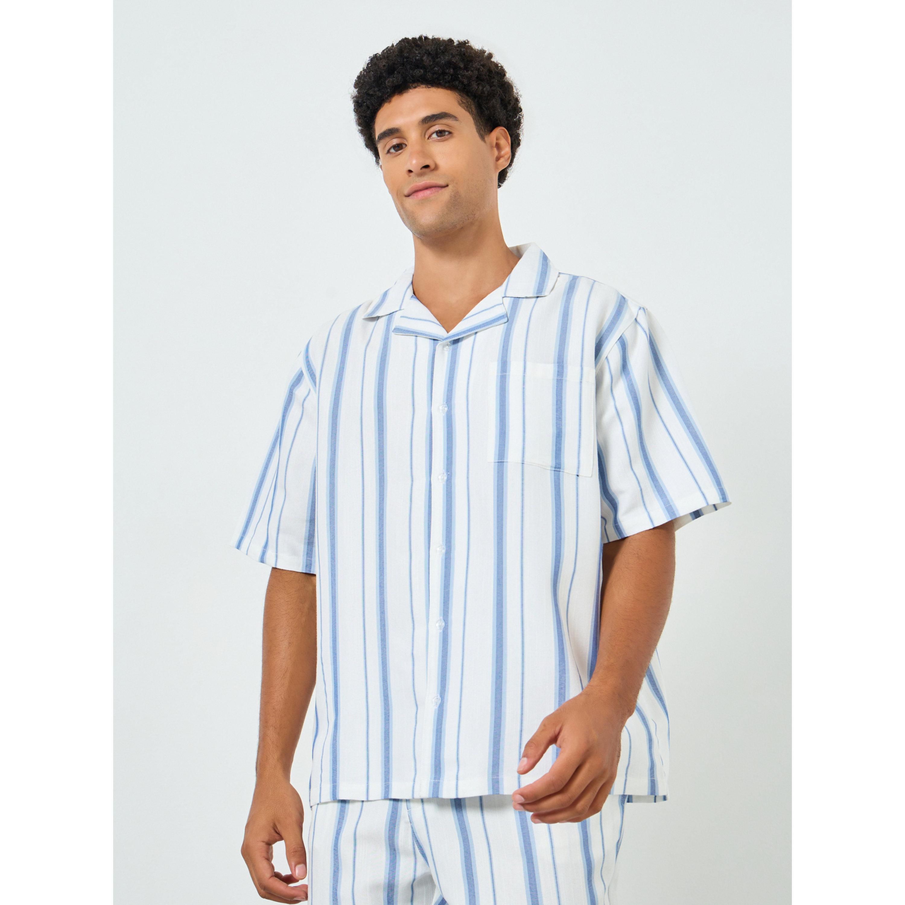 طقم بيجاما من بنطال وقميص قطني مخطط للرجال بقصة مريحة-men-clothing-nightwear-sets-image-2