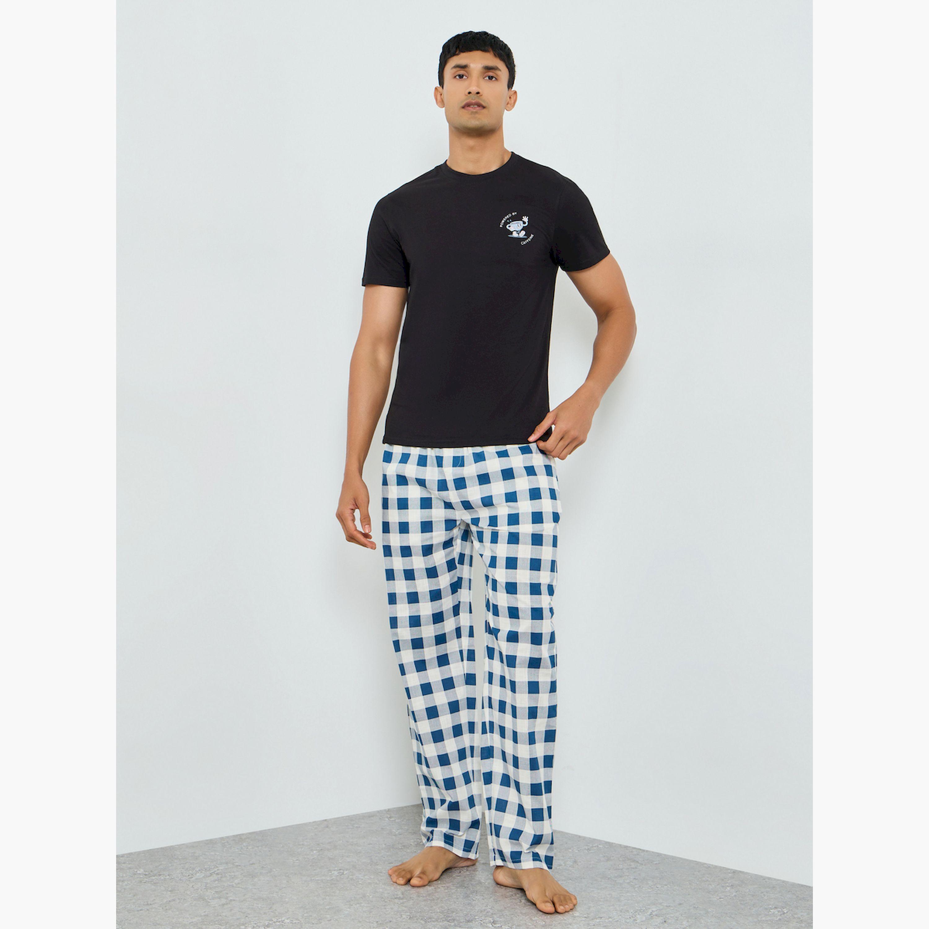 Styli Men Black Printed T-Shirt and Checked Pyjama-men-clothing-nightwear-sets-image-1