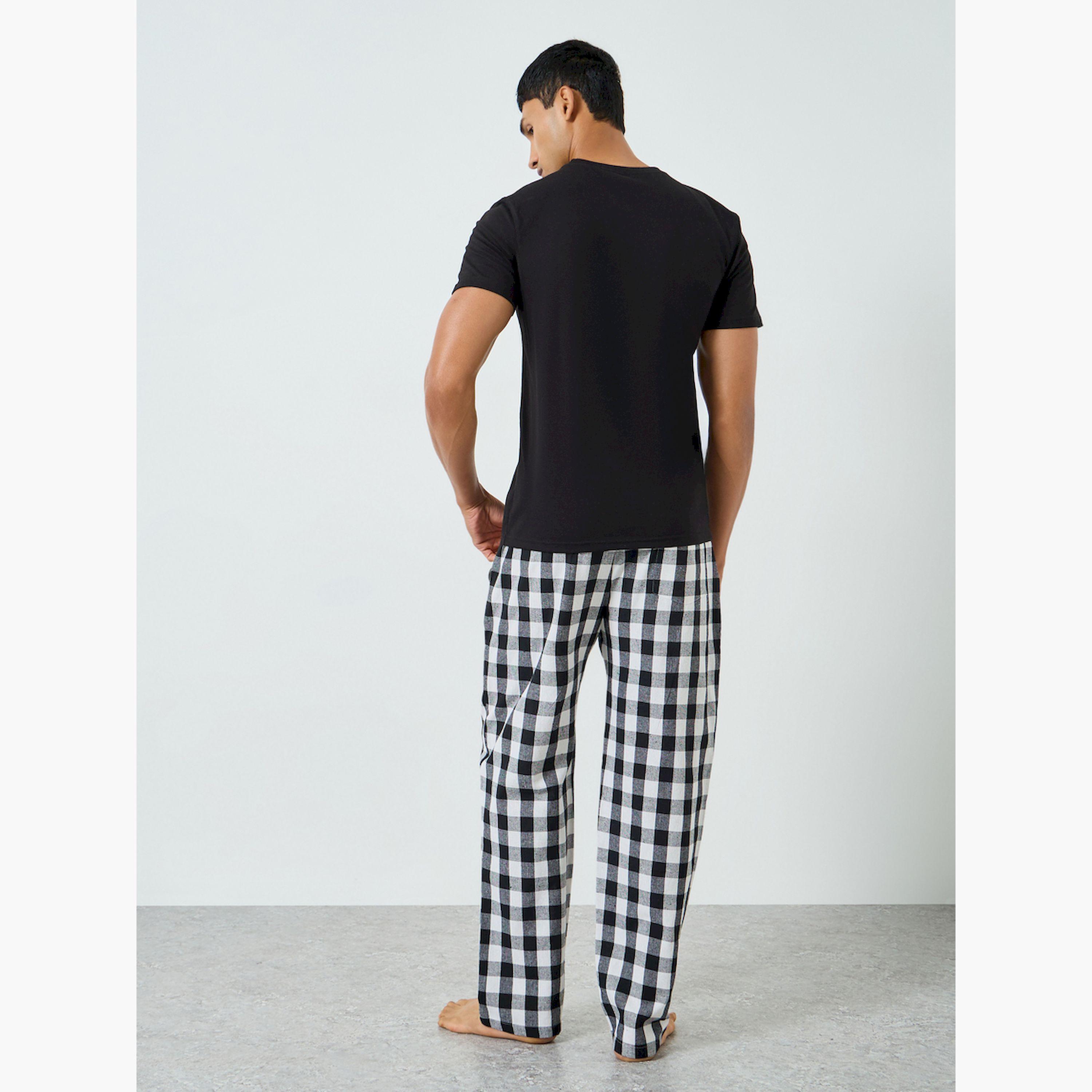 Styli Men Black Printed T-Shirt and Checked Pyjama-men-clothing-nightwear-sets-image-3