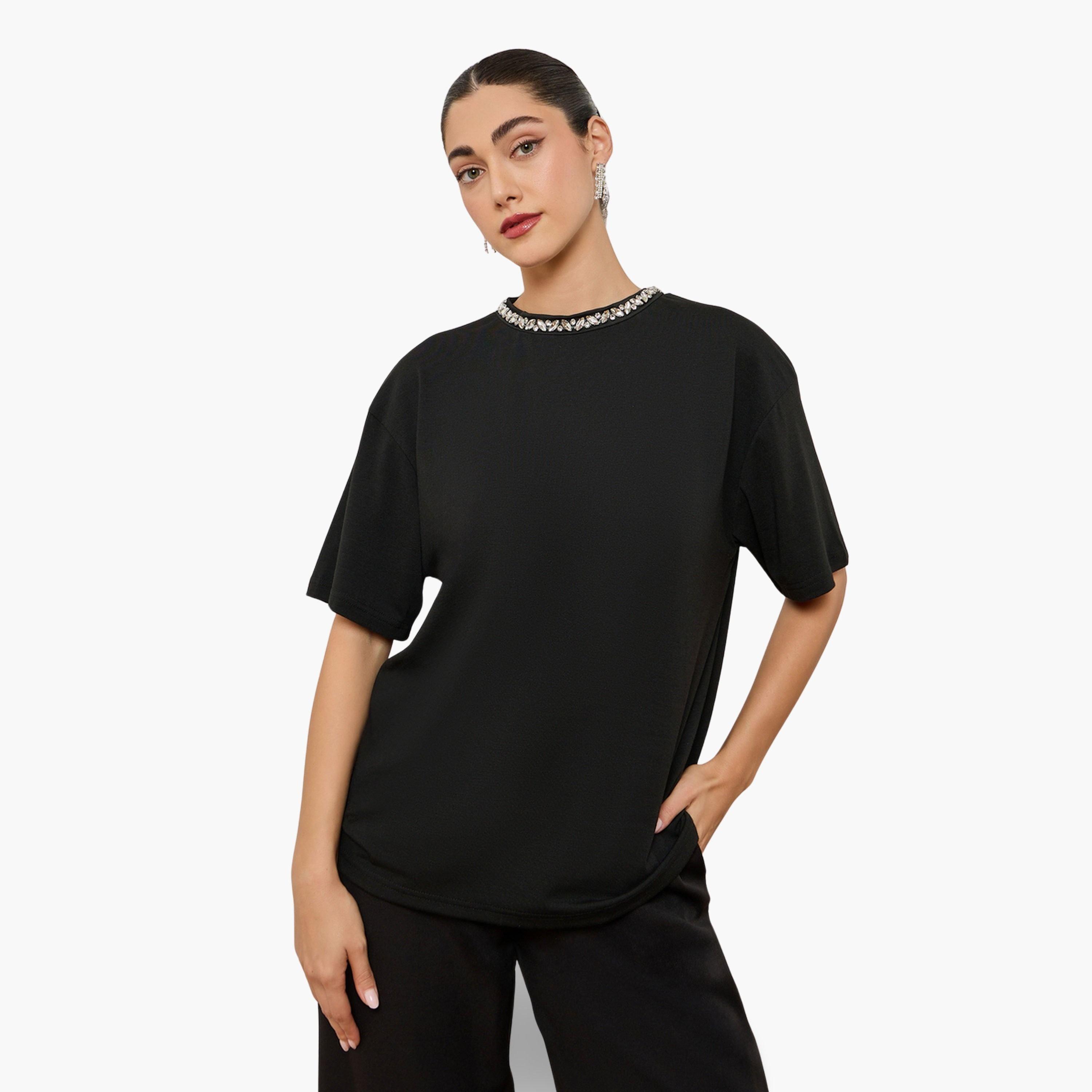 Styli Women Black Embellished Oversized T-Shirt-women-clothing-tshirts-image-1