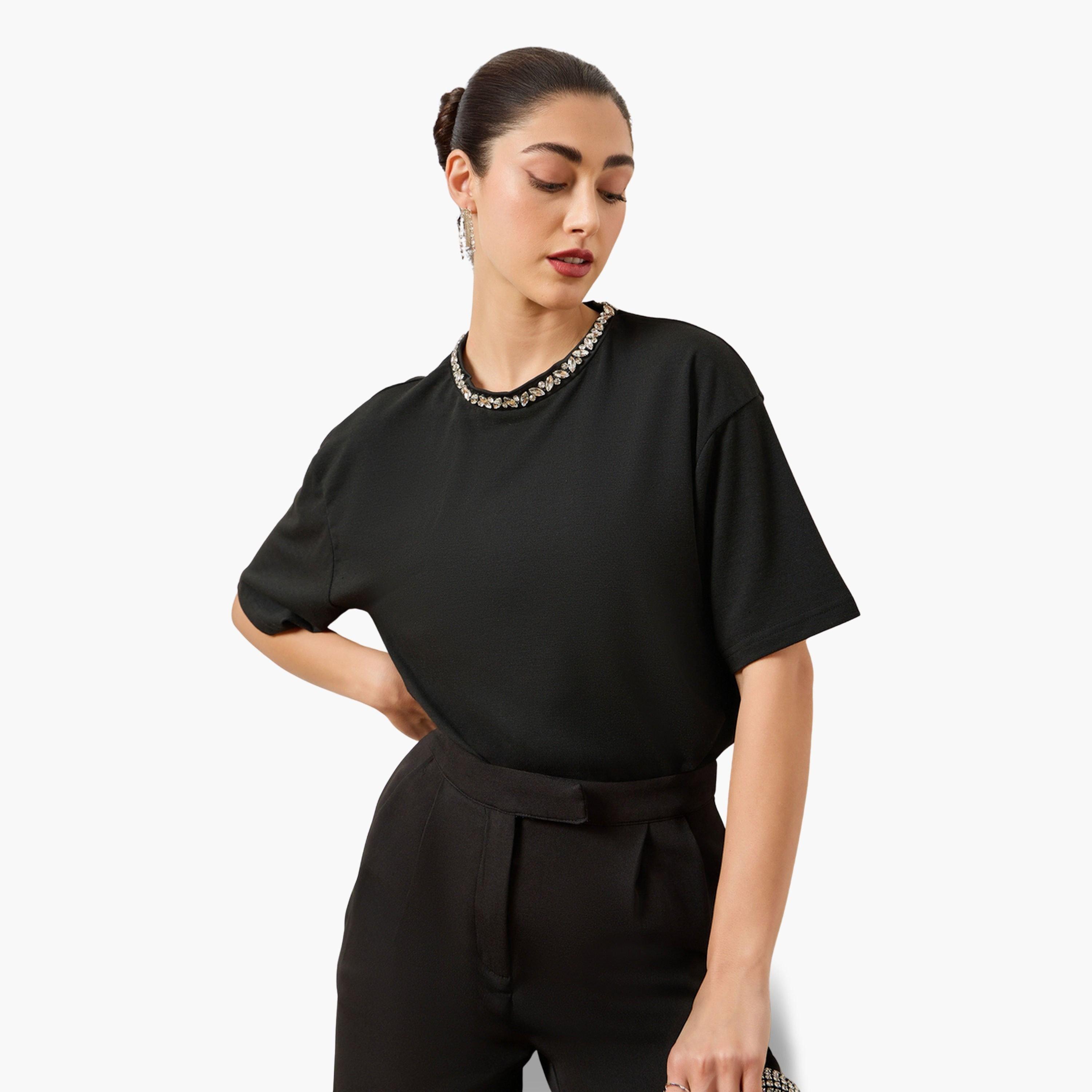 تيشيرت فضفاض مزين لون أسود-women-clothing-tshirts-image-3