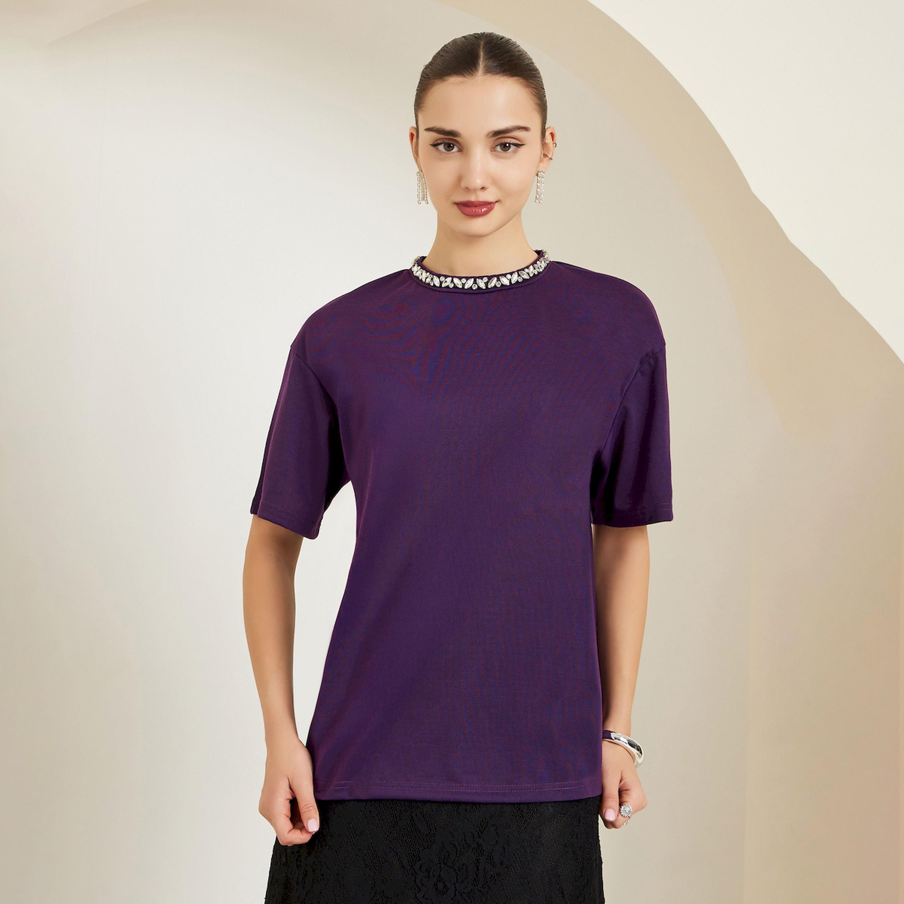 Styli Purple Embellished Neckline Oversized T-Shirt-women-clothing-tshirts-image-1