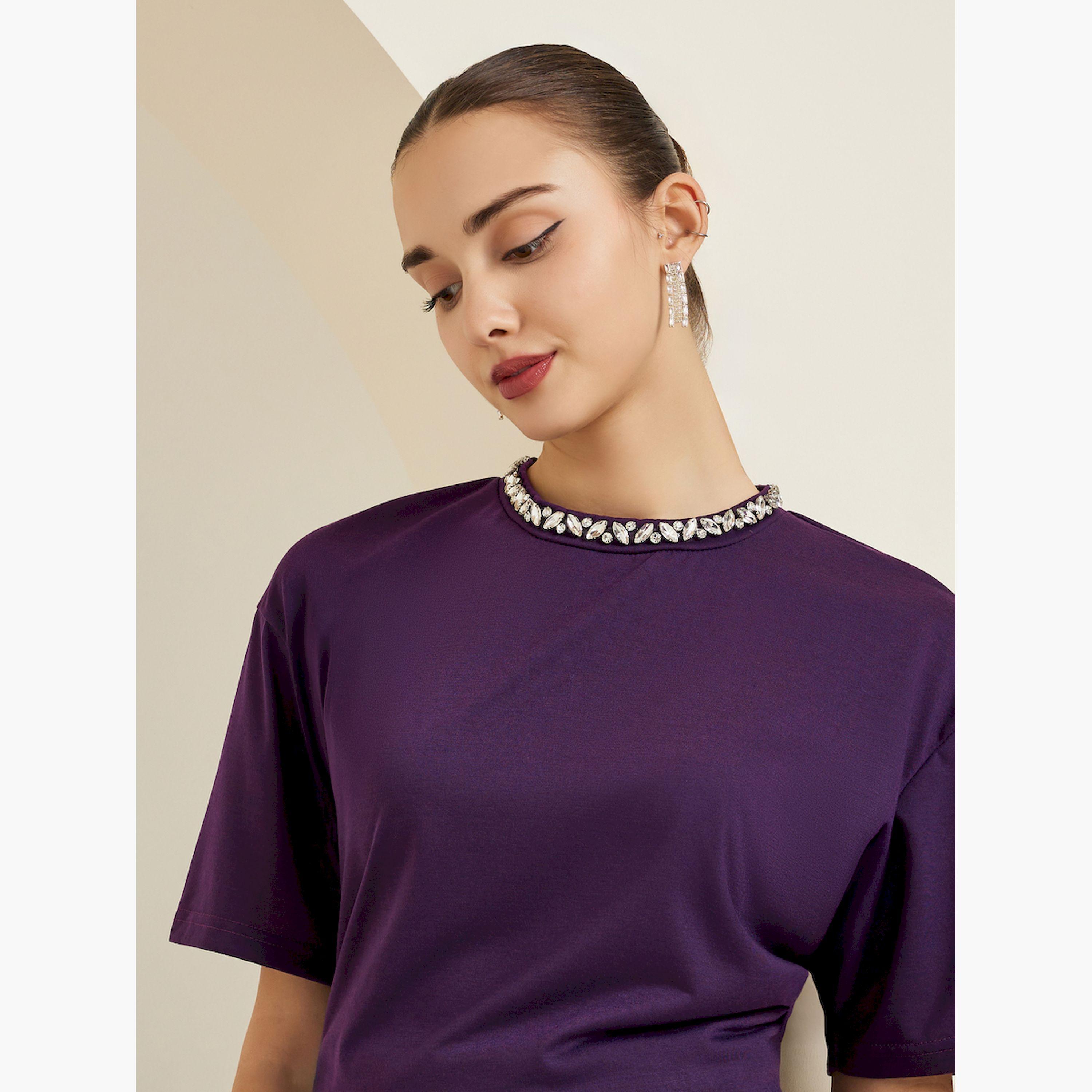 Styli Purple Embellished Neckline Oversized T-Shirt-women-clothing-tshirts-image-3