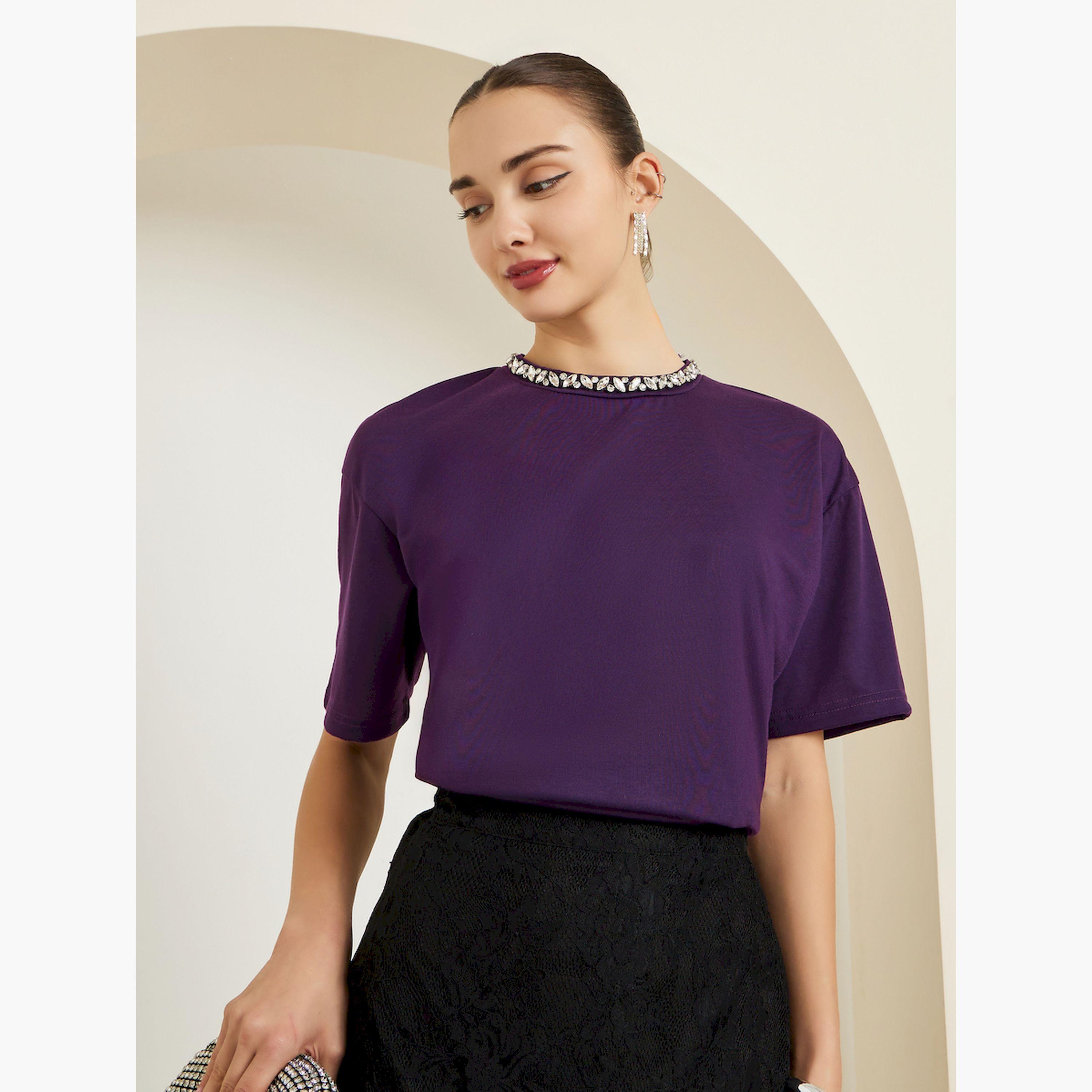 Styli Purple Embellished Neckline Oversized T-Shirt-women-clothing-tshirts-image-5