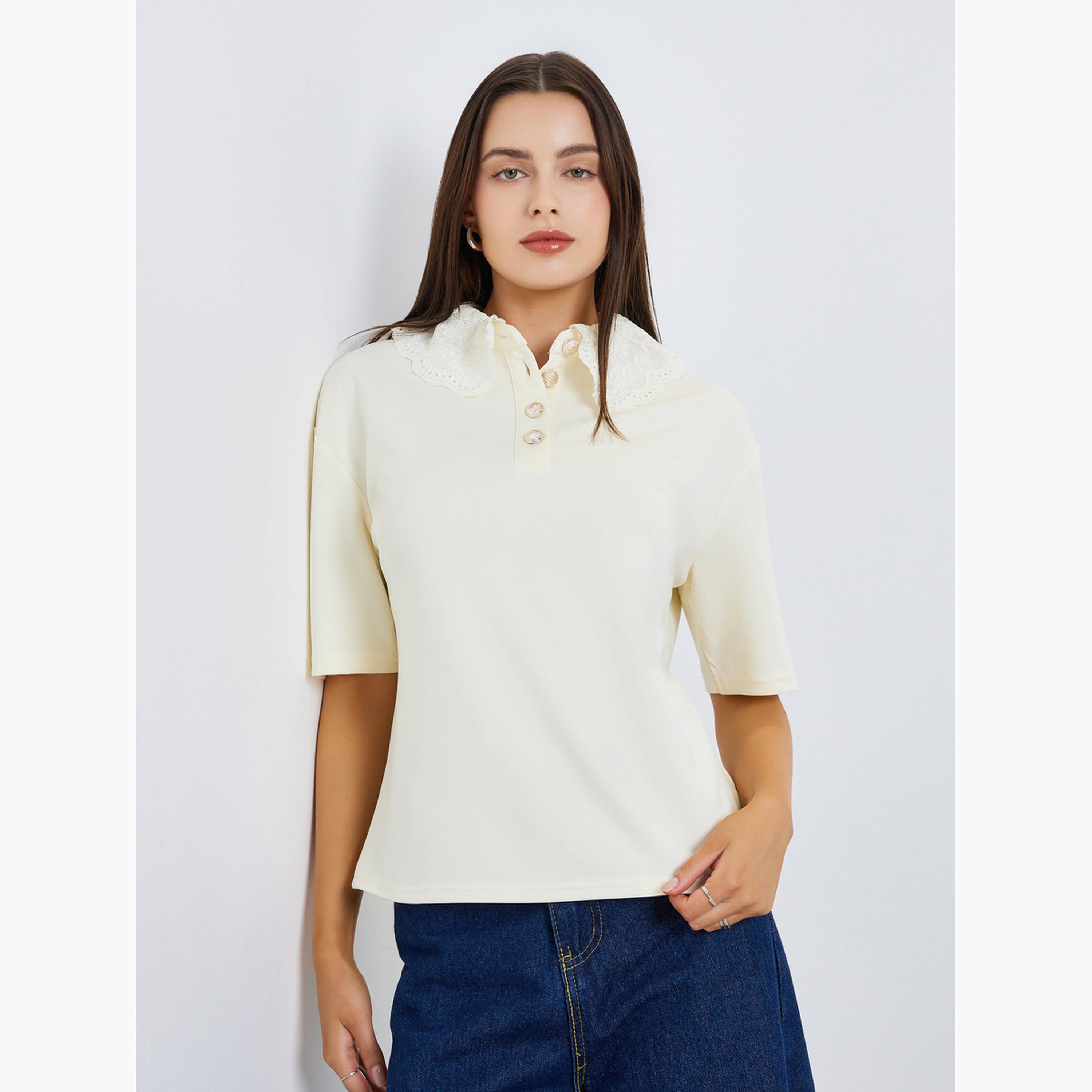 Styli Women White Polo T-Shirt with Lace Collar-women-clothing-tshirts-image-1