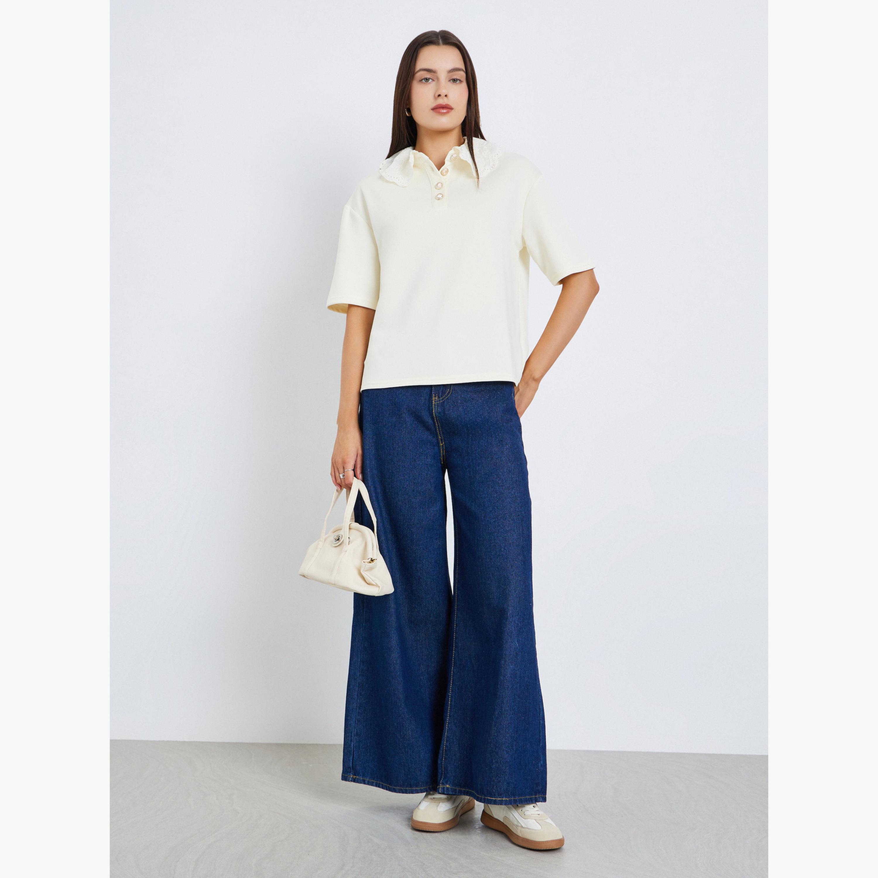 Styli Women White Polo T-Shirt with Lace Collar-women-clothing-tshirts-image-2