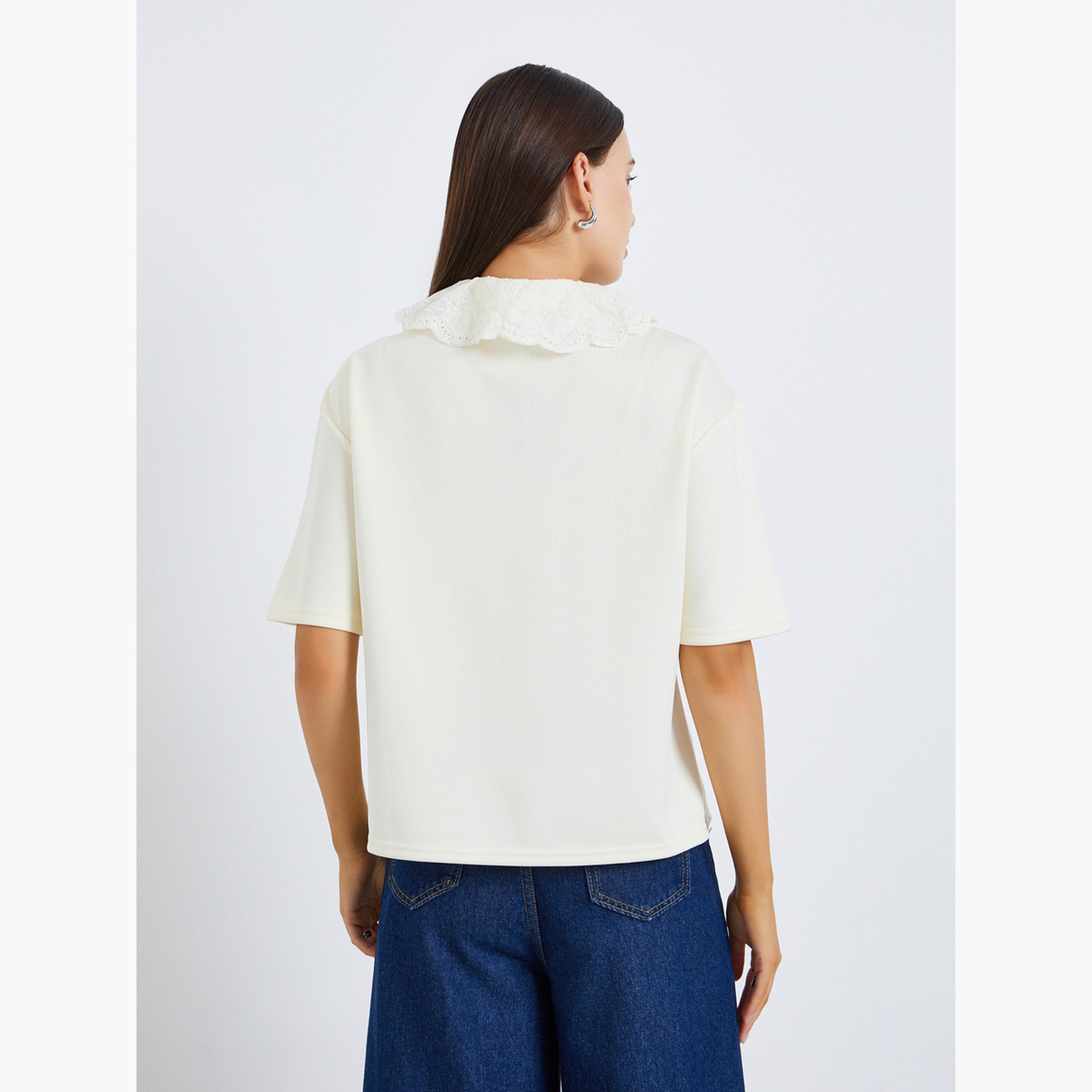 Styli Women White Polo T-Shirt with Lace Collar-women-clothing-tshirts-image-5
