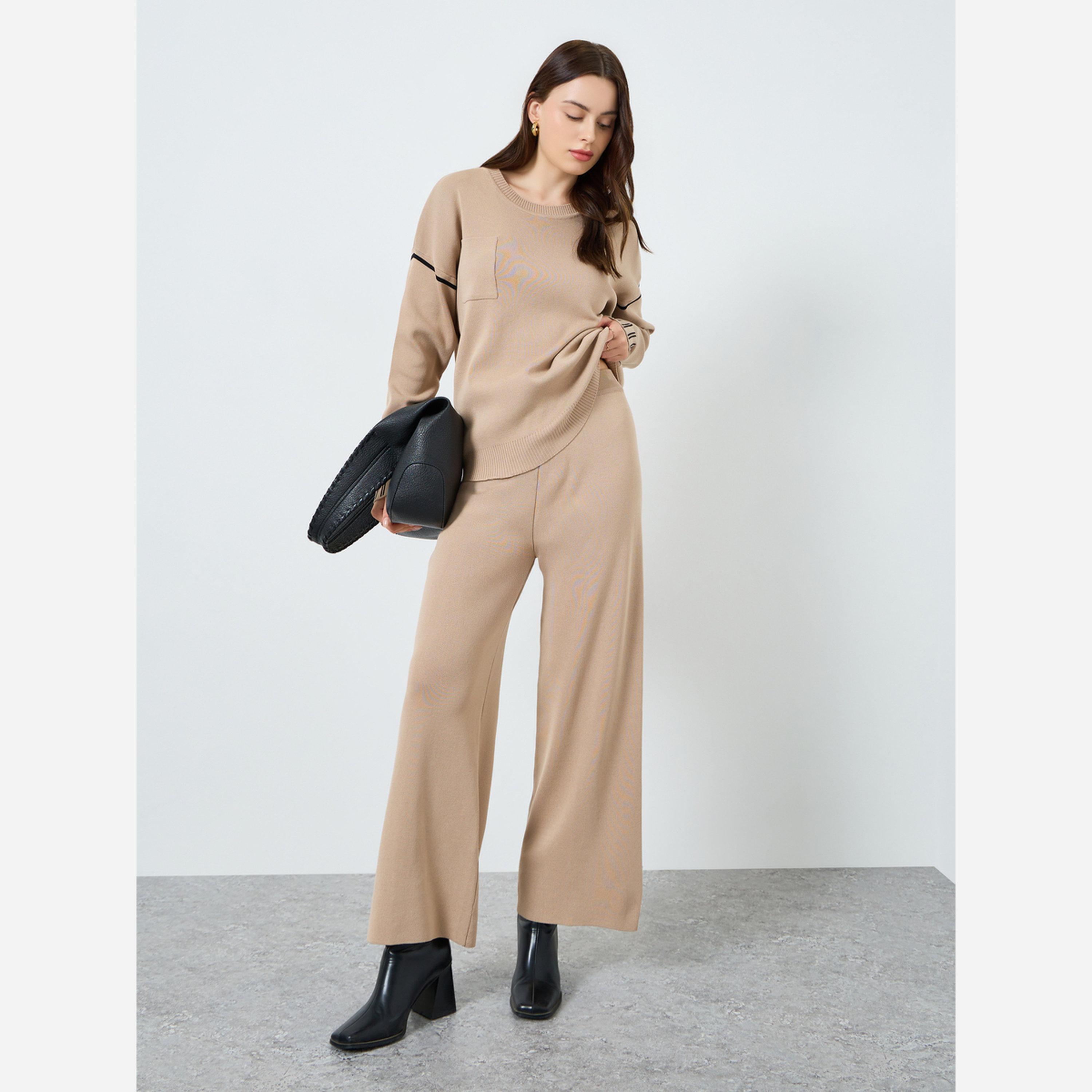 Styli Crew Neck Drop Shoulder Sweater and Loose Fit Pants Set-women-clothing-coordsets-image-1