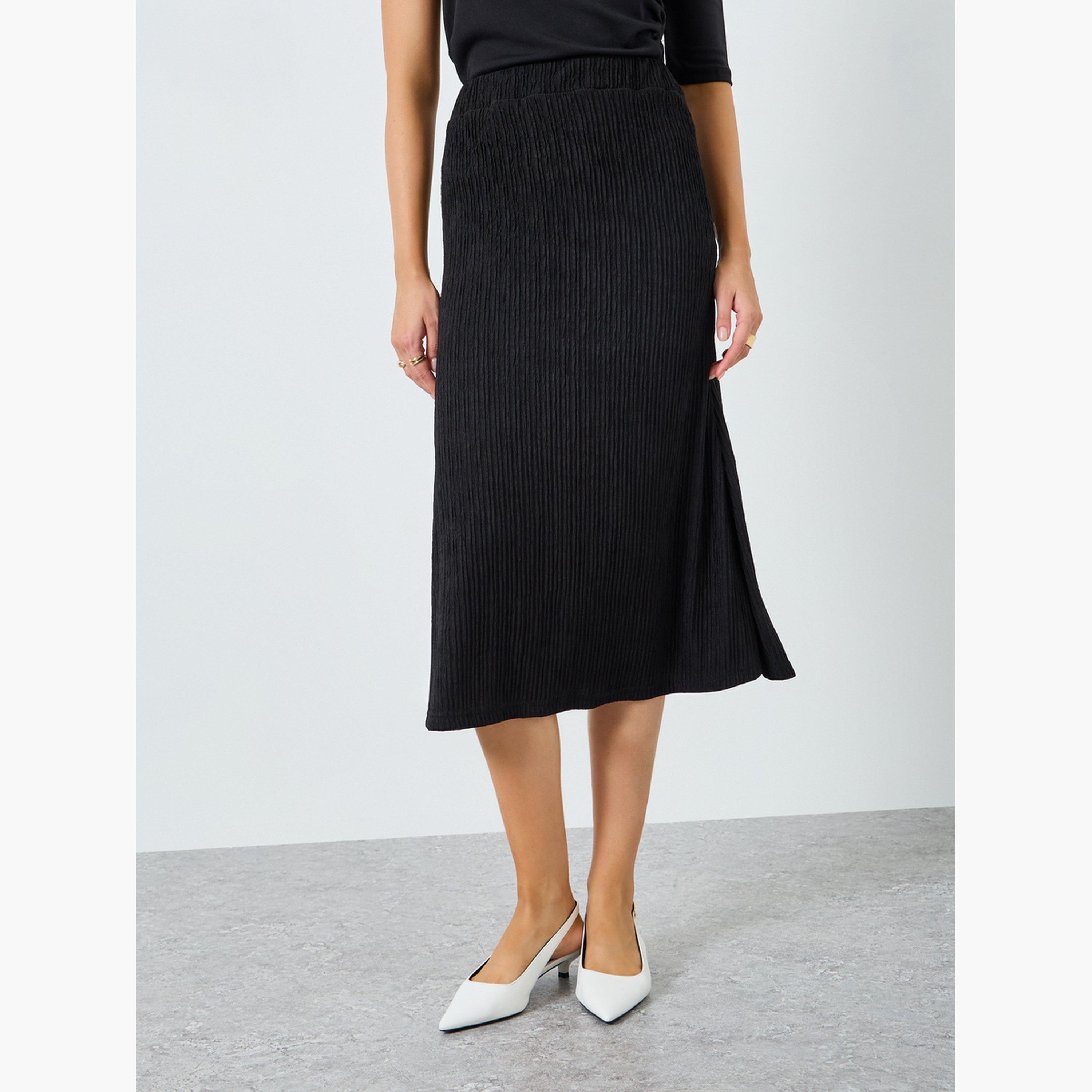 تنورة ميدي سادة بتفاصيل بارزة الملمس-women-clothing-bottoms-skirts-image-1