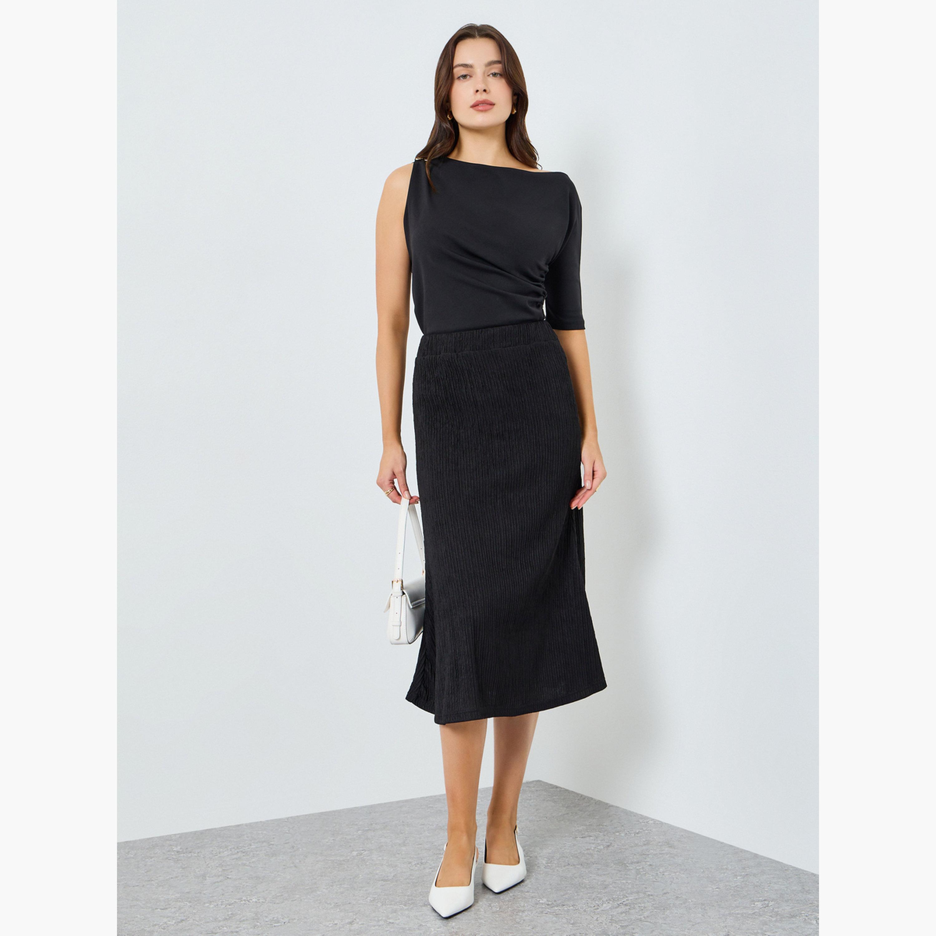 تنورة ميدي سادة بتفاصيل بارزة الملمس-women-clothing-bottoms-skirts-image-2
