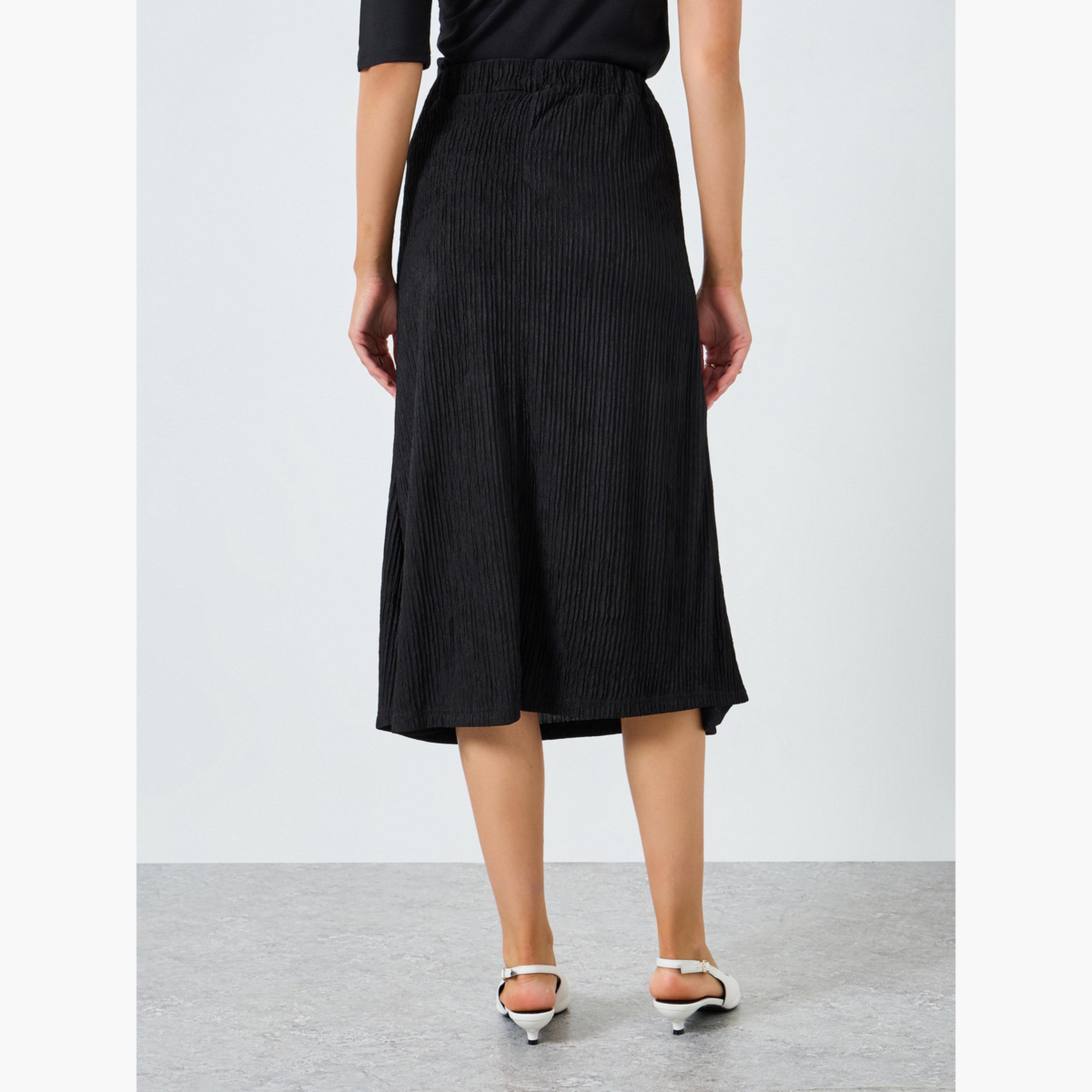 Styli Women Black Solid Textured Midi Skirt-women-clothing-bottoms-skirts-image-4
