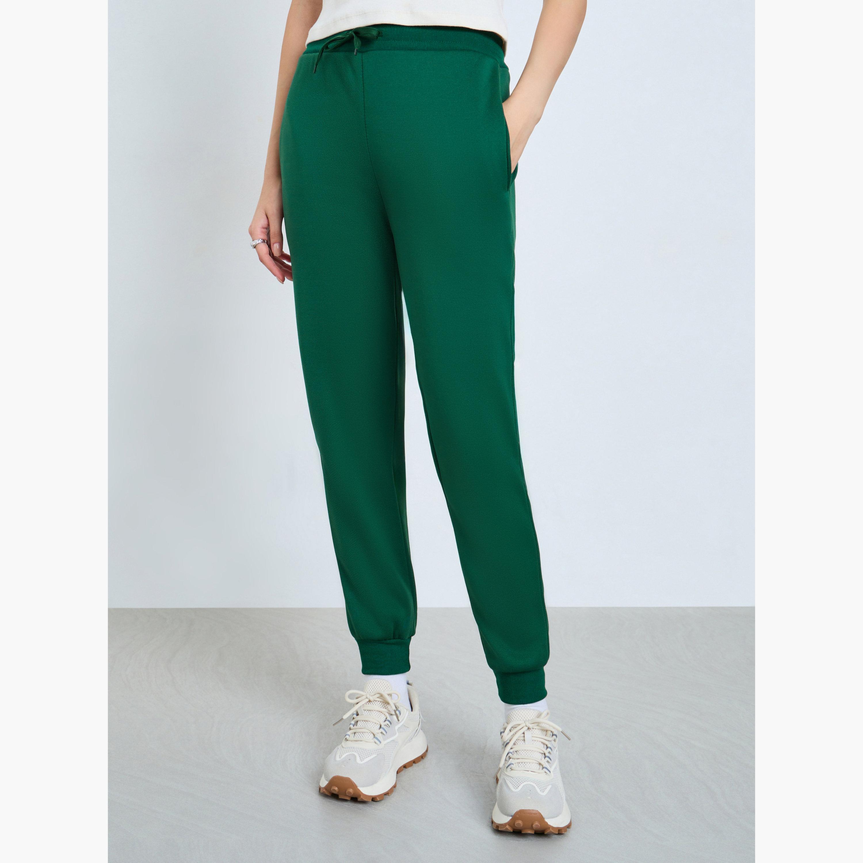 Styli Green Knitted Solid Drawstring Joggers-women-clothing-bottoms-joggers-image-1
