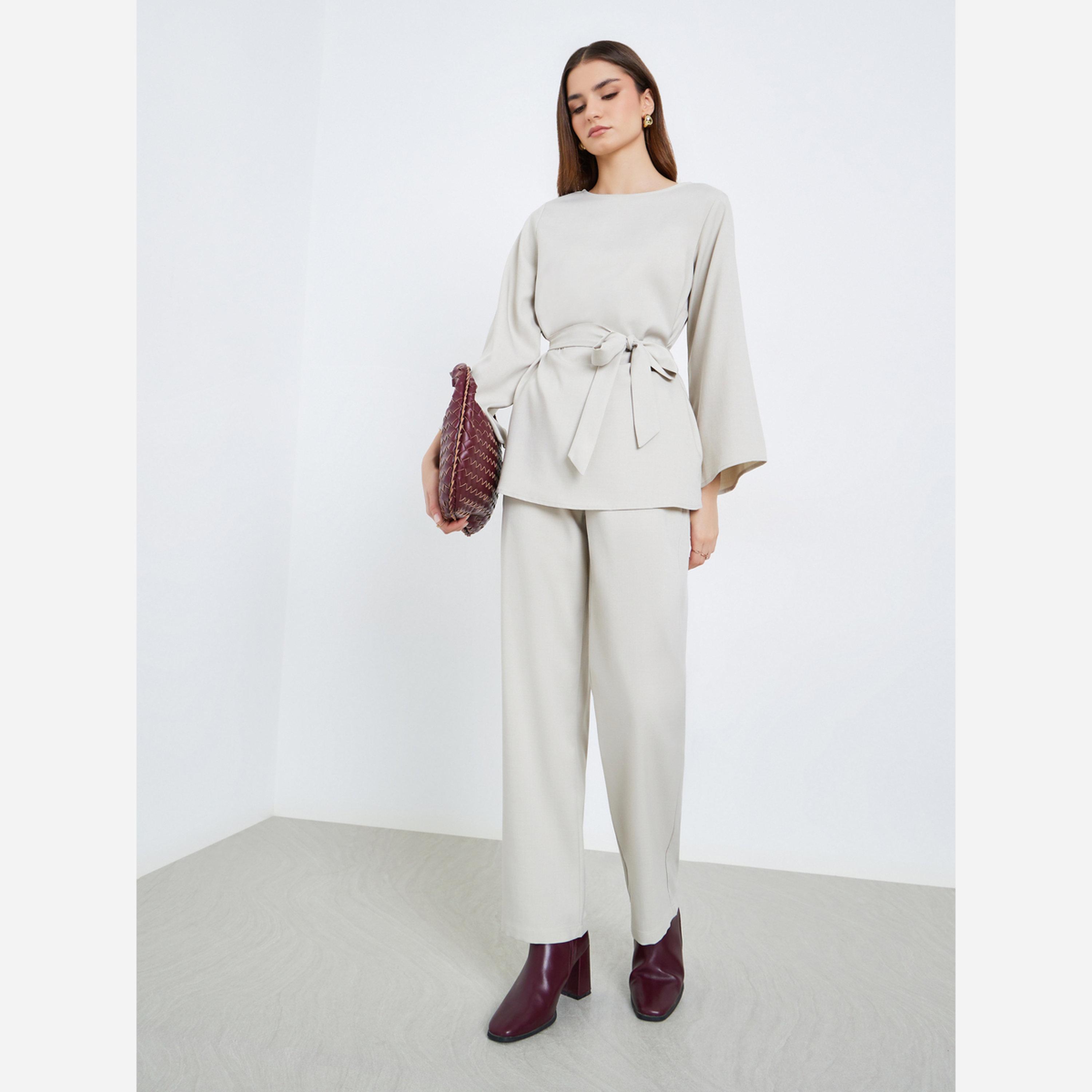 ستايلي - طقم نسائي بلوزة طويلة وبنطال واسع الساقين-women-clothing-coordsets-image-1
