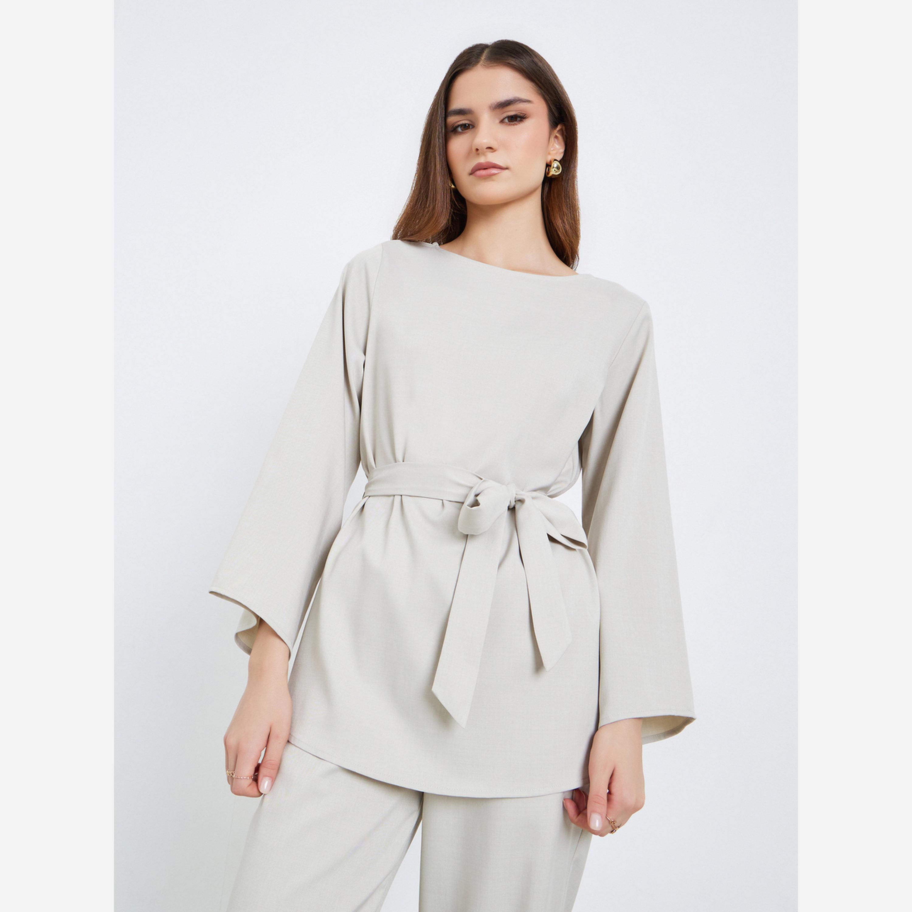 ستايلي - طقم نسائي بلوزة طويلة وبنطال واسع الساقين-women-clothing-coordsets-image-3