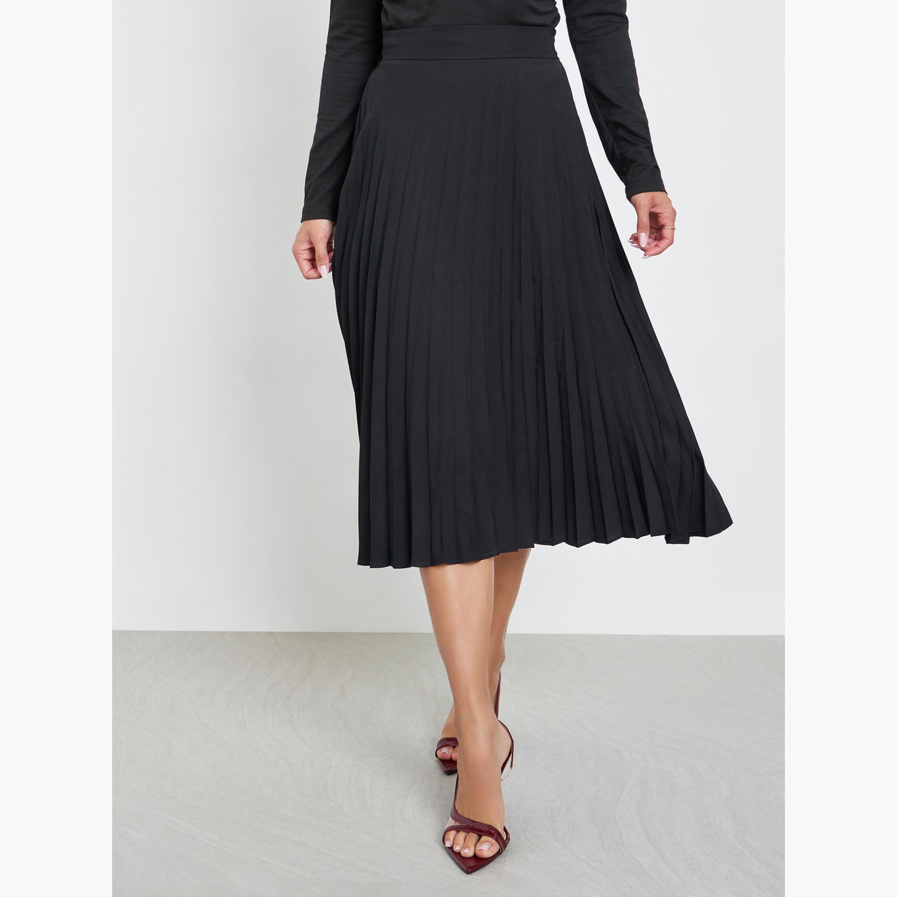 Styli Black Solid Pleated Midi Skirt-women-clothing-bottoms-skirts-image-1