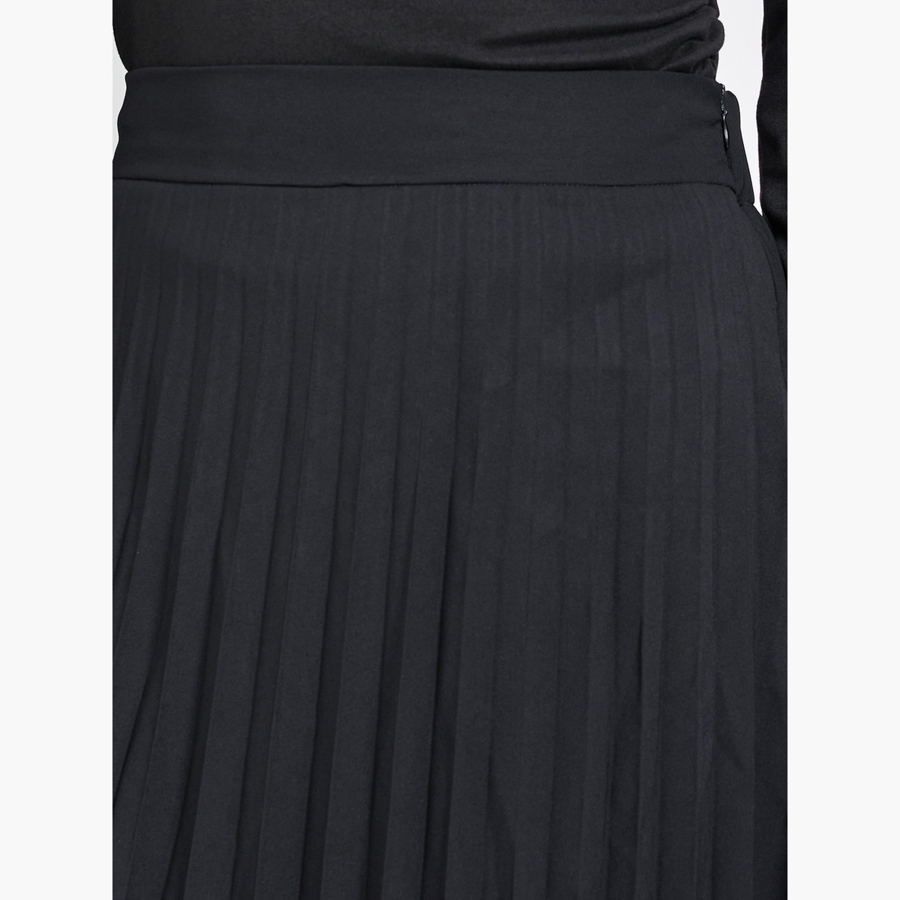Styli Black Solid Pleated Midi Skirt-women-clothing-bottoms-skirts-image-3