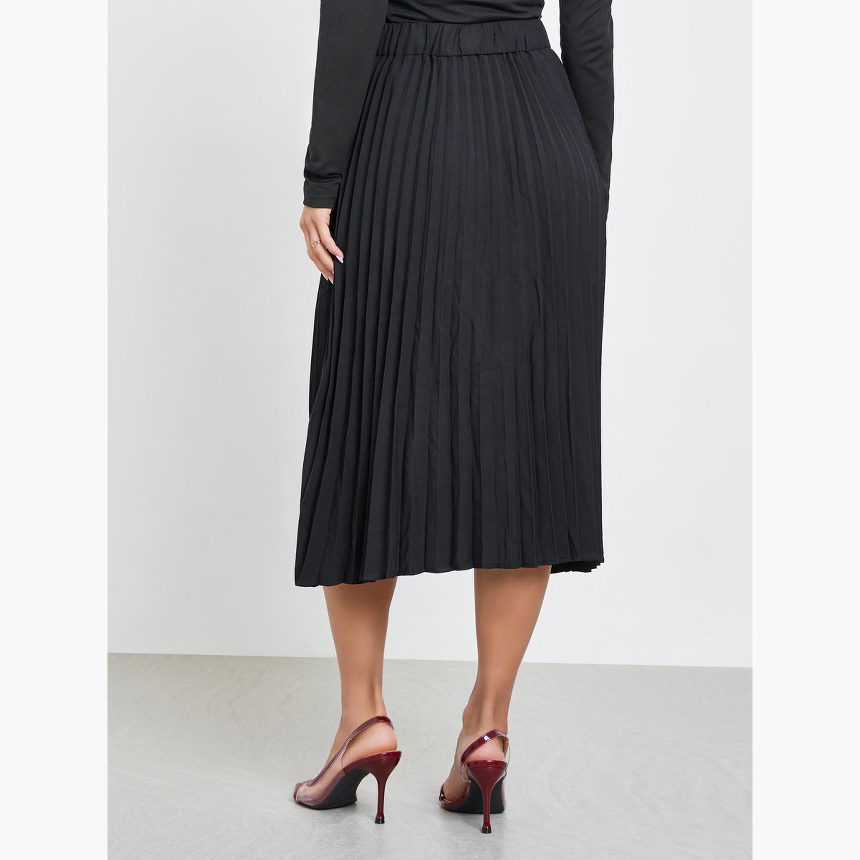 Styli Black Solid Pleated Midi Skirt-women-clothing-bottoms-skirts-image-4