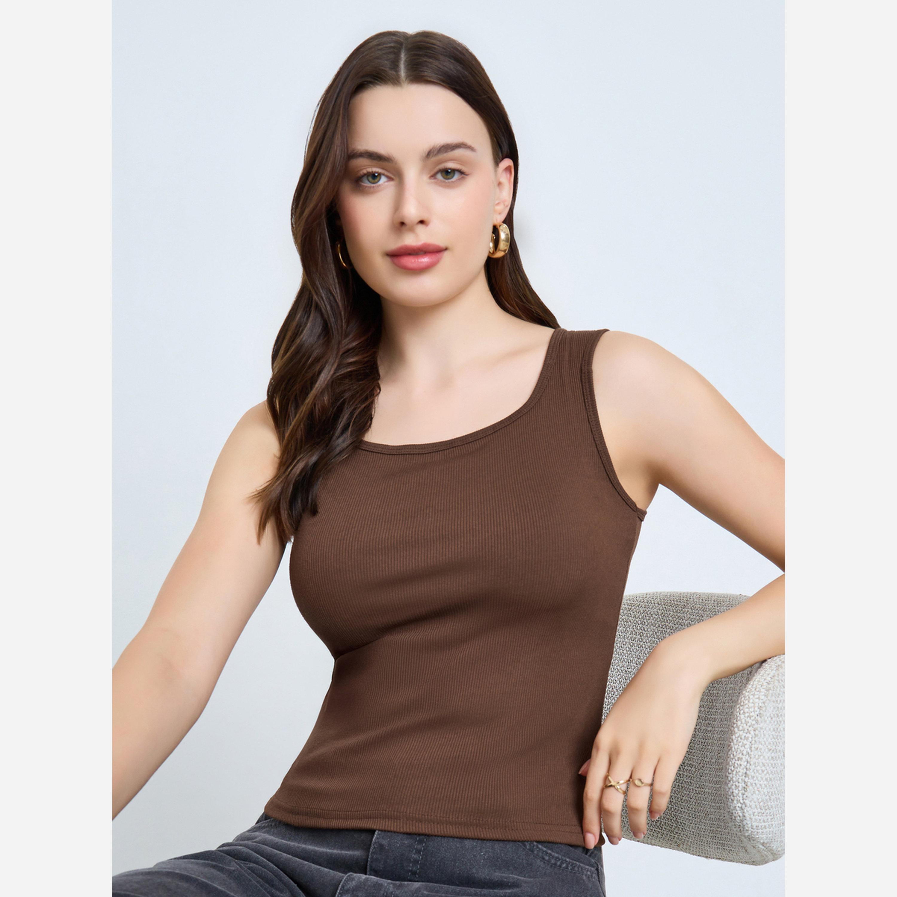 Styli Brown Ribbed Square Neck Cami Top-women-clothing-tshirts-image-1