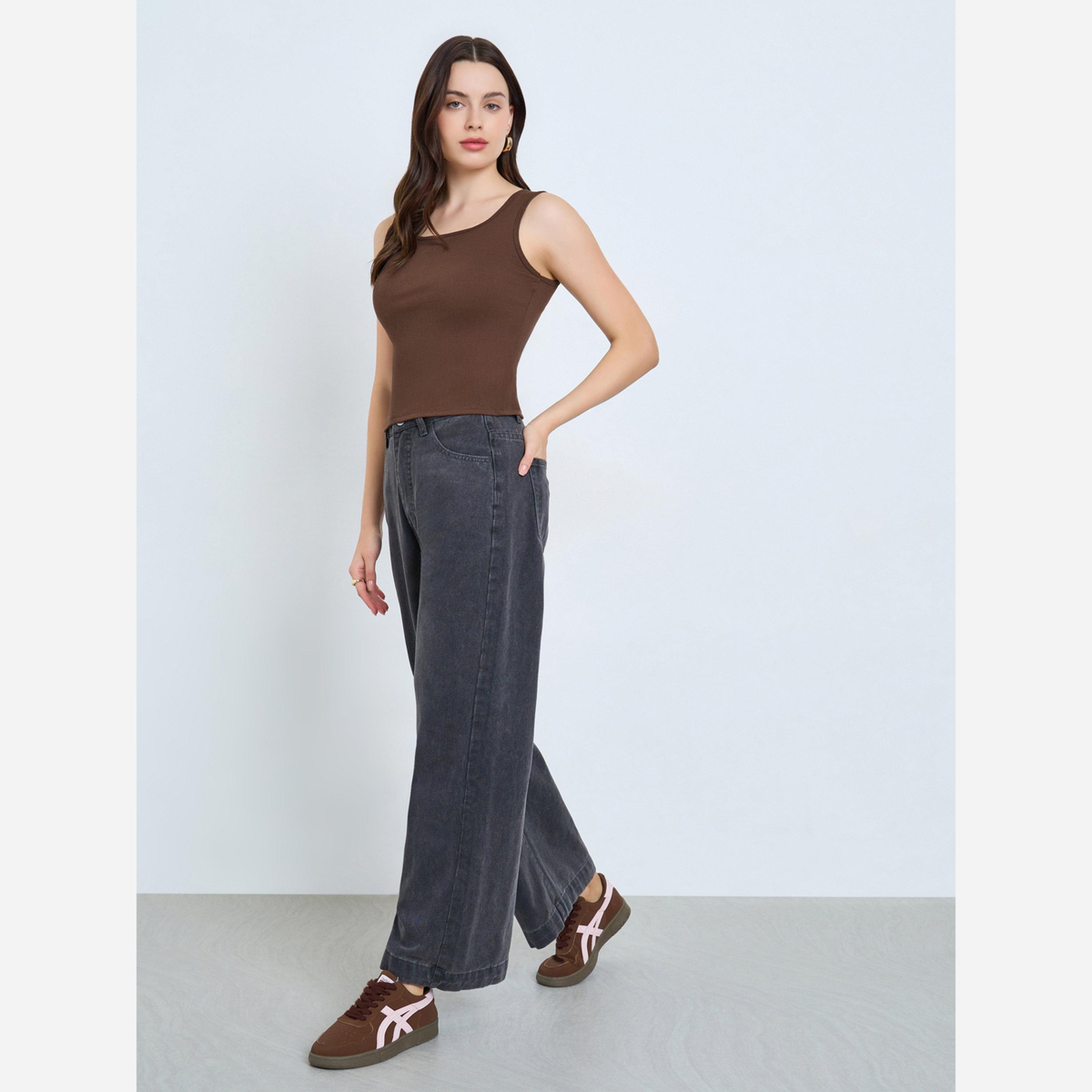 Styli Brown Ribbed Square Neck Cami Top-women-clothing-tshirts-image-2
