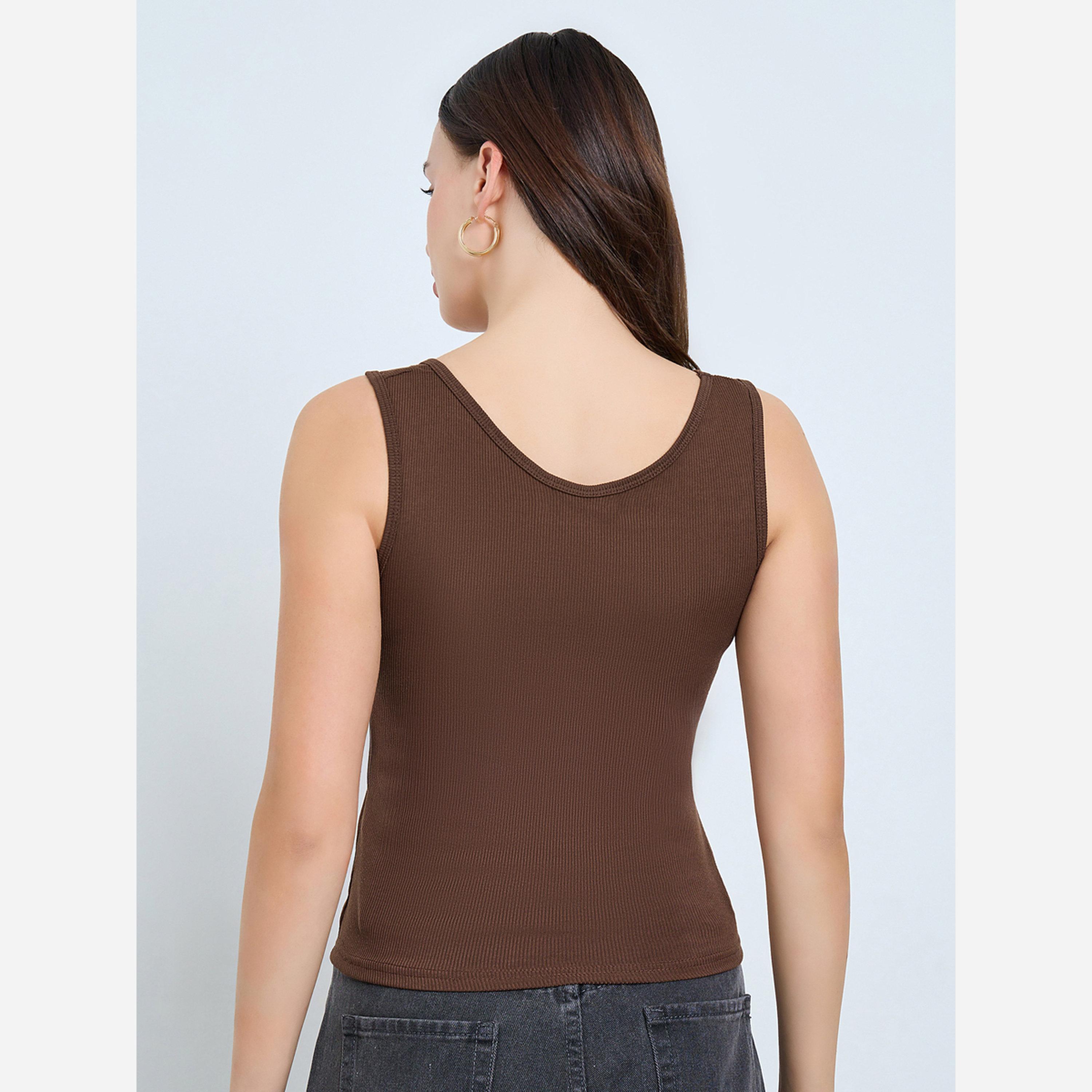 Styli Brown Ribbed Square Neck Cami Top-women-clothing-tshirts-image-4