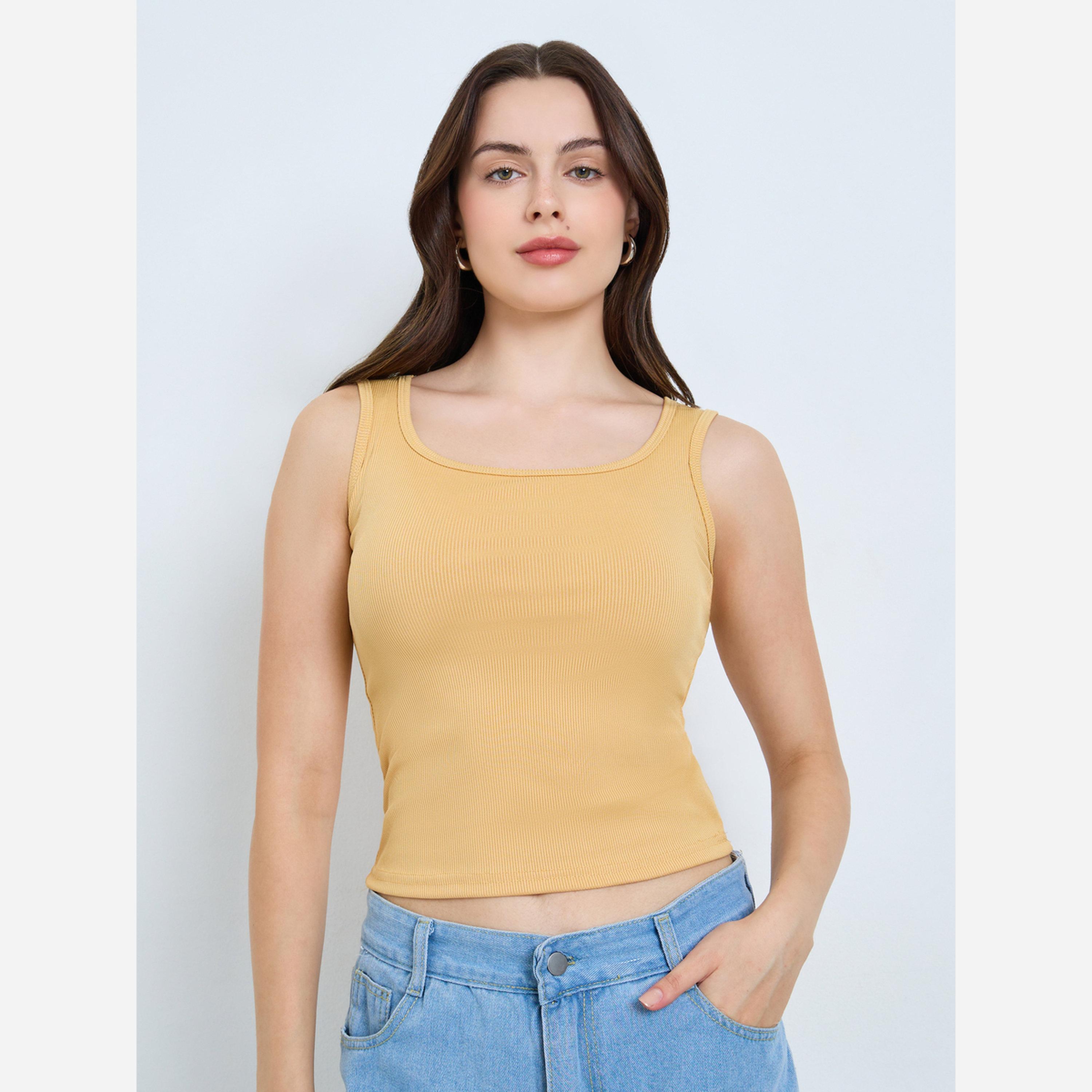 Styli Yellow Ribbed Square Neck Cami Top-women-clothing-tshirts-image-1