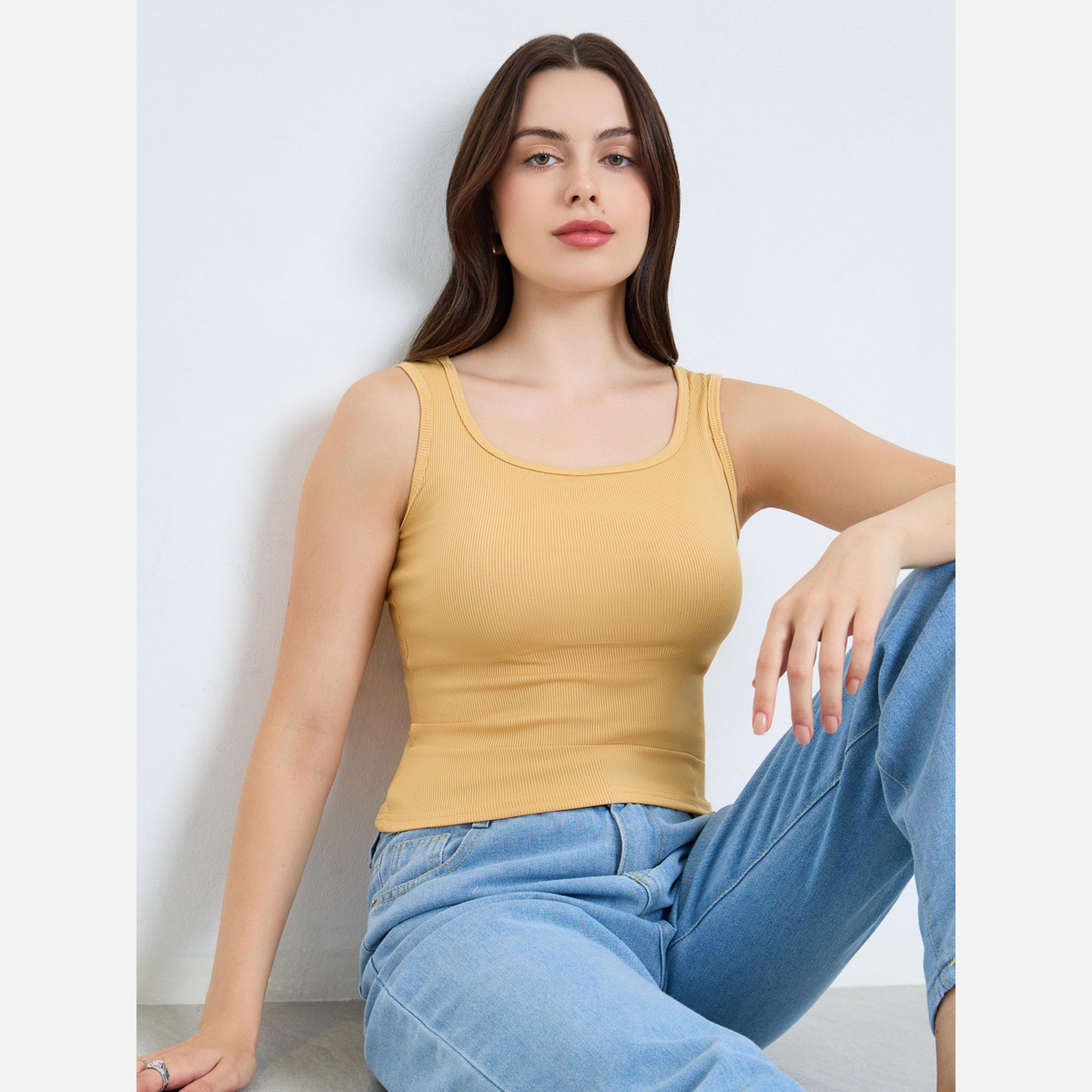 Styli Yellow Ribbed Square Neck Cami Top-women-clothing-tshirts-image-2