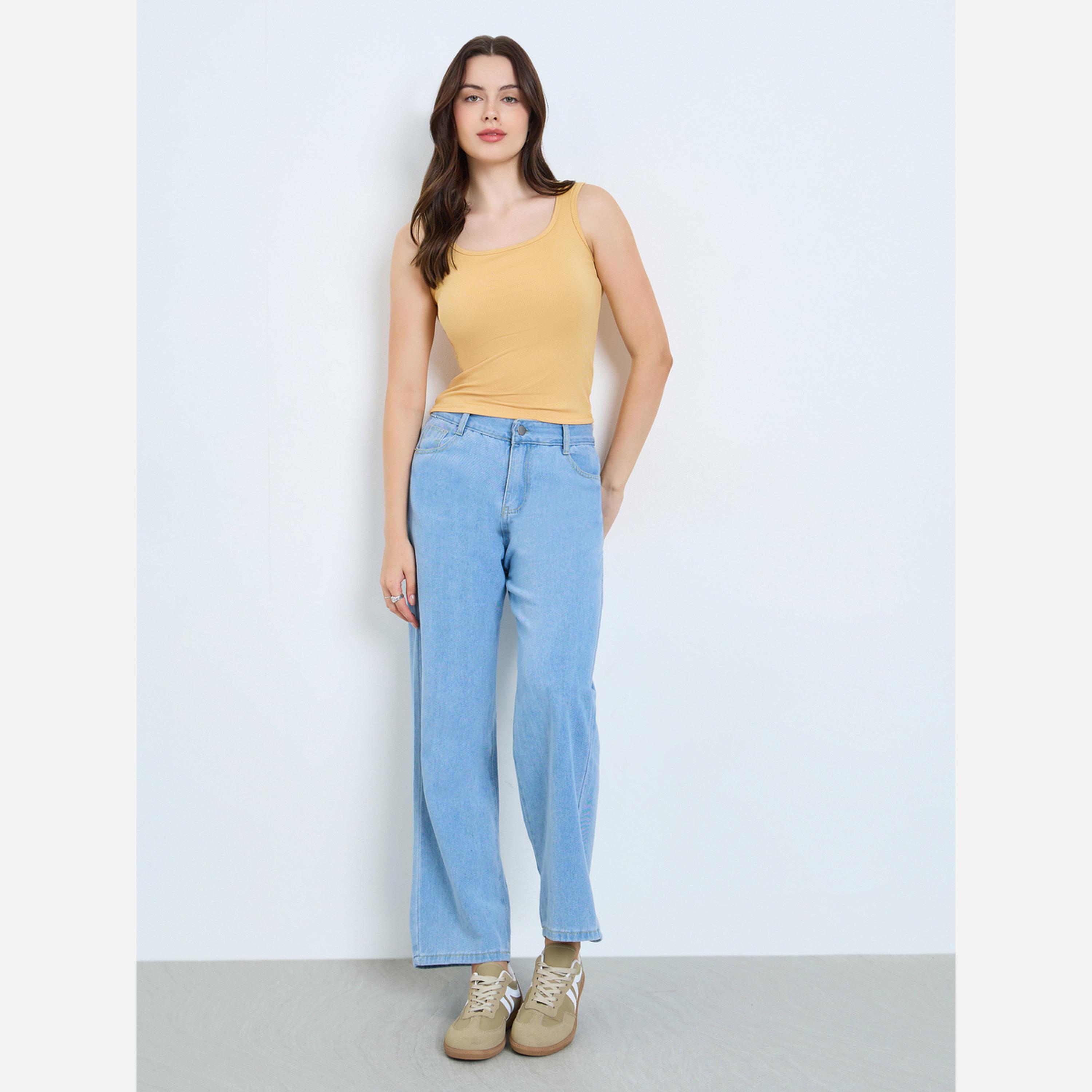 ستايلي - بلوزة لون أصفر مضلعة رقبة مربعة-women-clothing-tshirts-image-3
