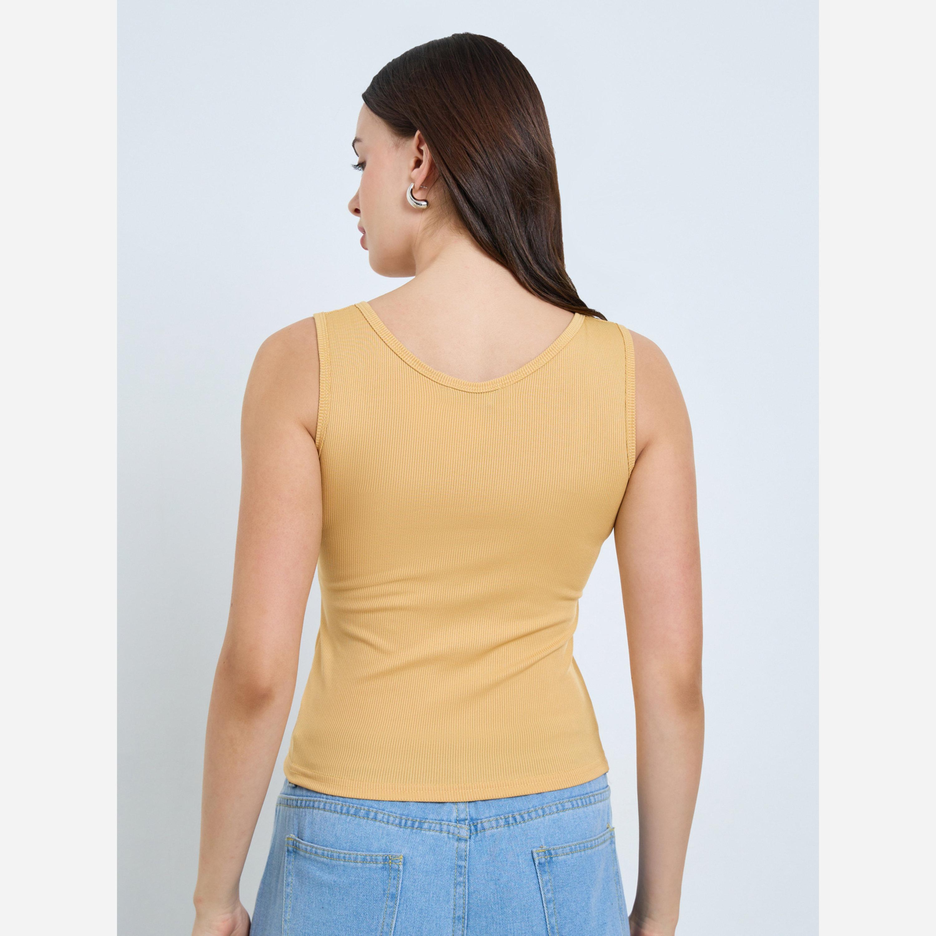 ستايلي - بلوزة لون أصفر مضلعة رقبة مربعة-women-clothing-tshirts-image-5