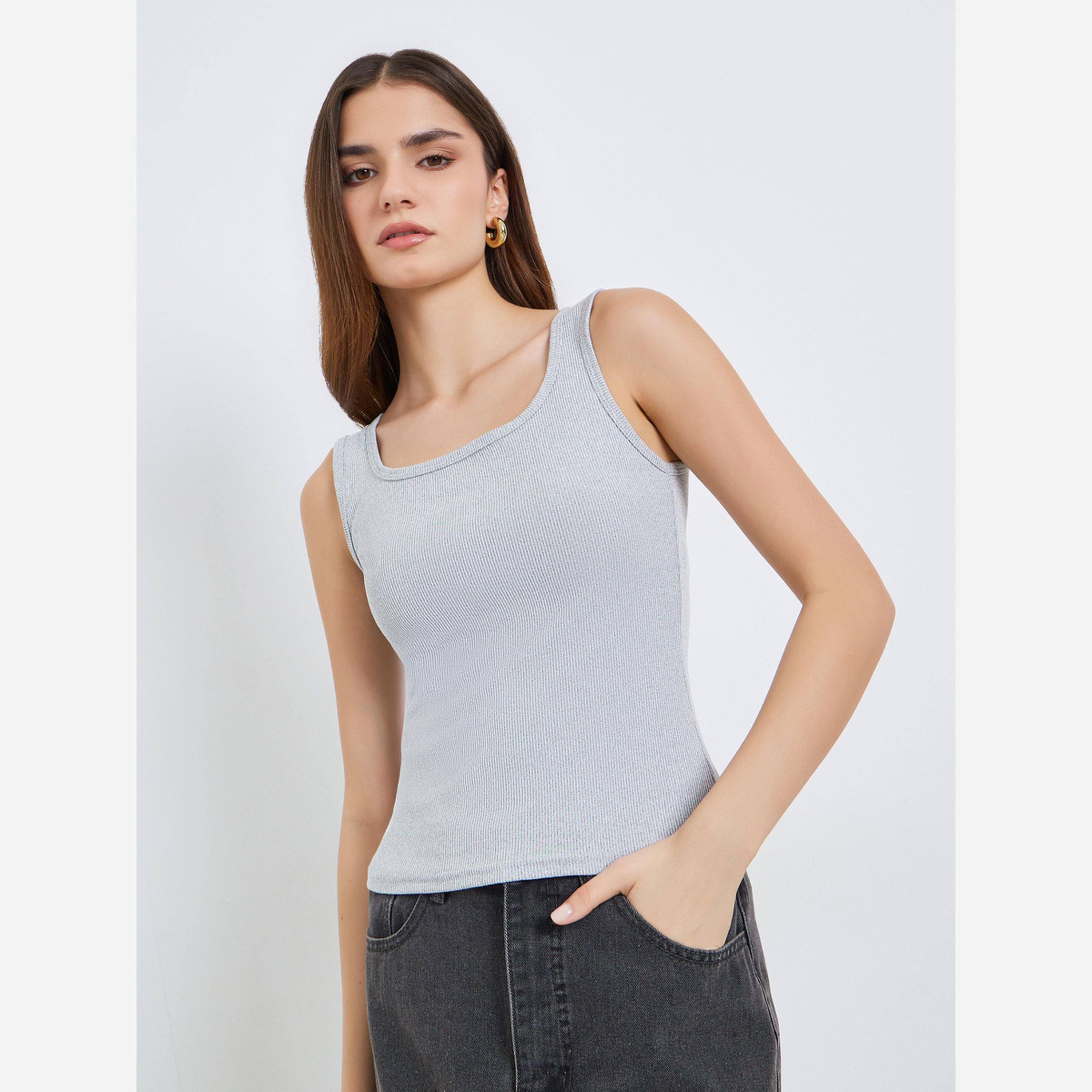 Styli Women Grey Ribbed Square Neck Cami Top-women-clothing-tshirts-image-1