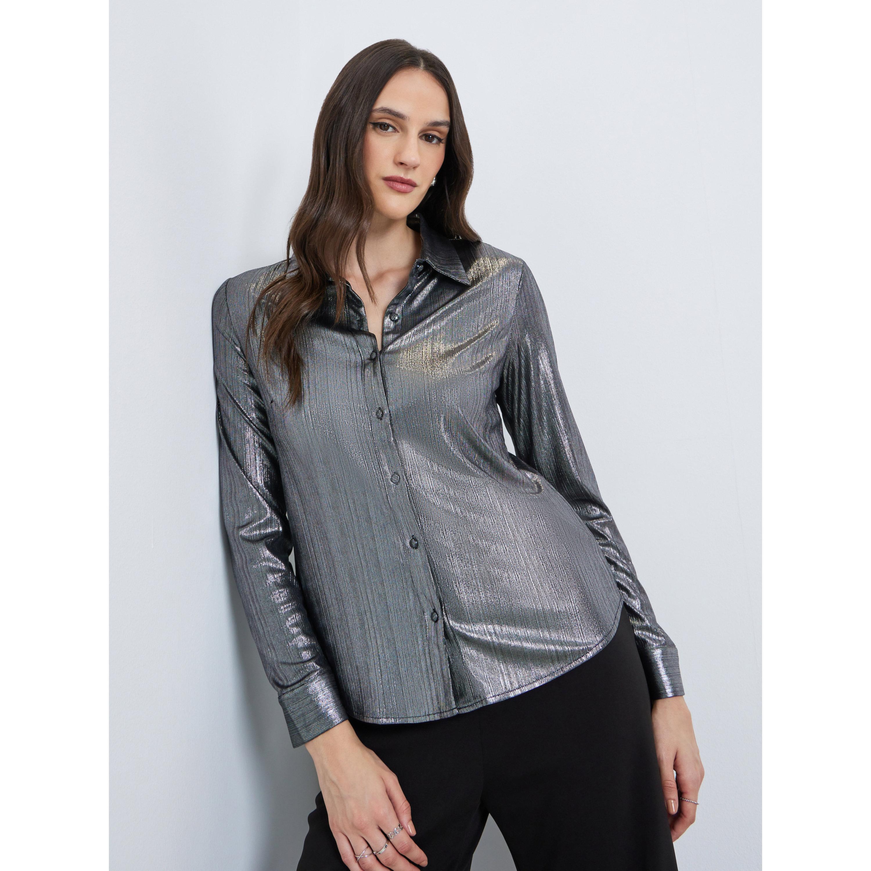 Styli Grey Lurex Regular Fit Shirt-women-clothing-shirtsandblouses-shirts-image-3