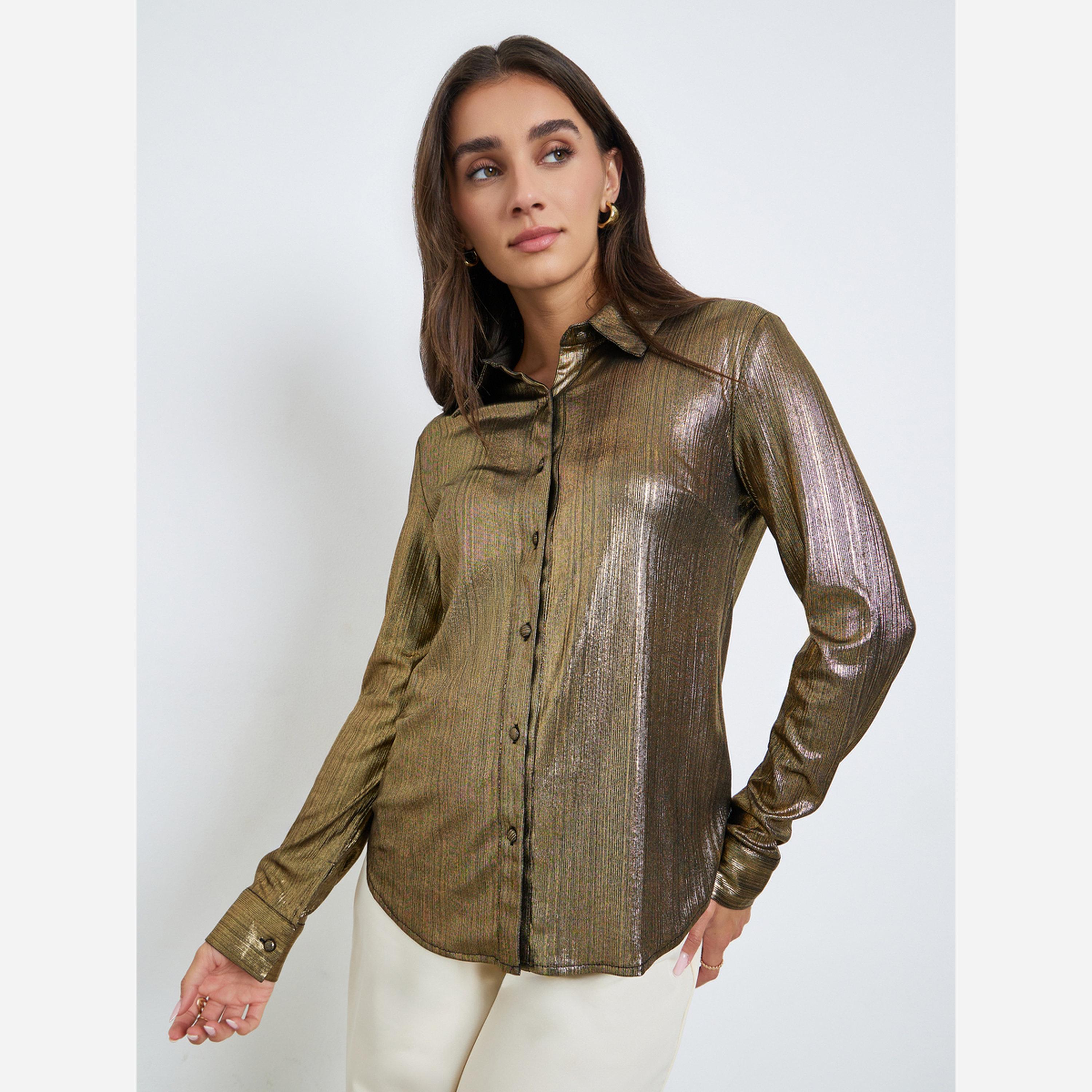 ستايلي - قميص نسائي لون ذهبي أكمام طويلة-women-clothing-shirtsandblouses-shirts-image-1