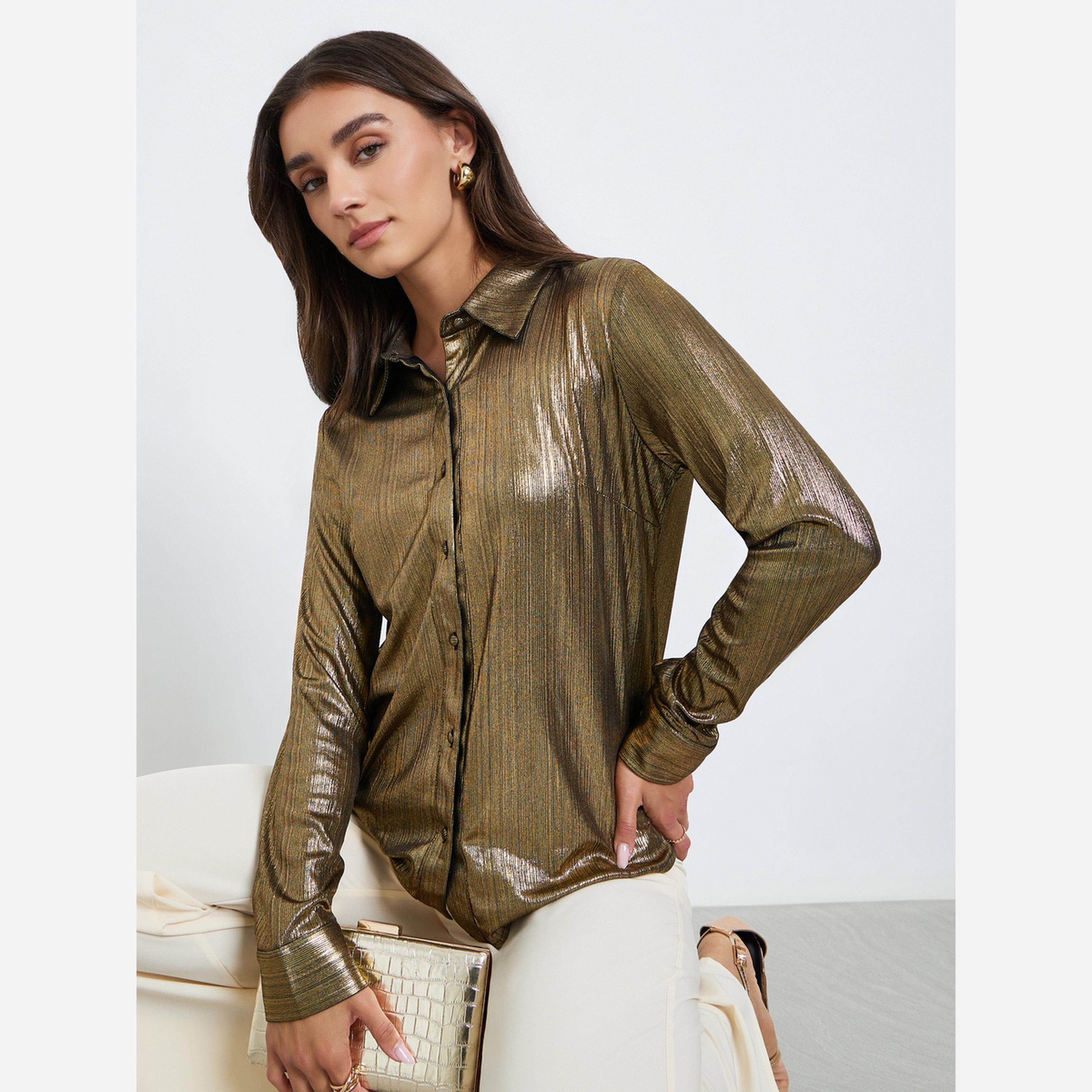 ستايلي - قميص نسائي لون ذهبي أكمام طويلة-women-clothing-shirtsandblouses-shirts-image-2
