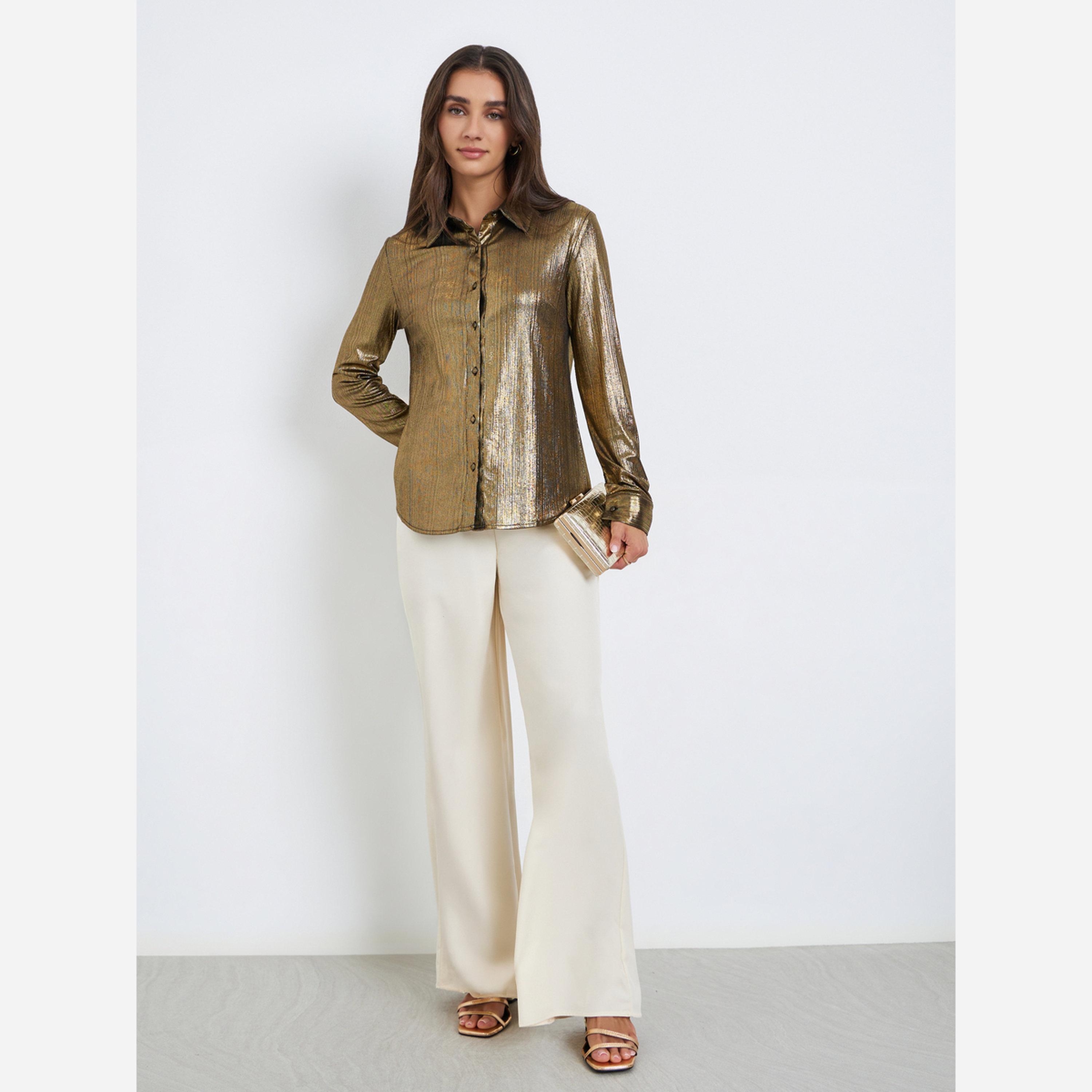 ستايلي - قميص نسائي لون ذهبي أكمام طويلة-women-clothing-shirtsandblouses-shirts-image-3