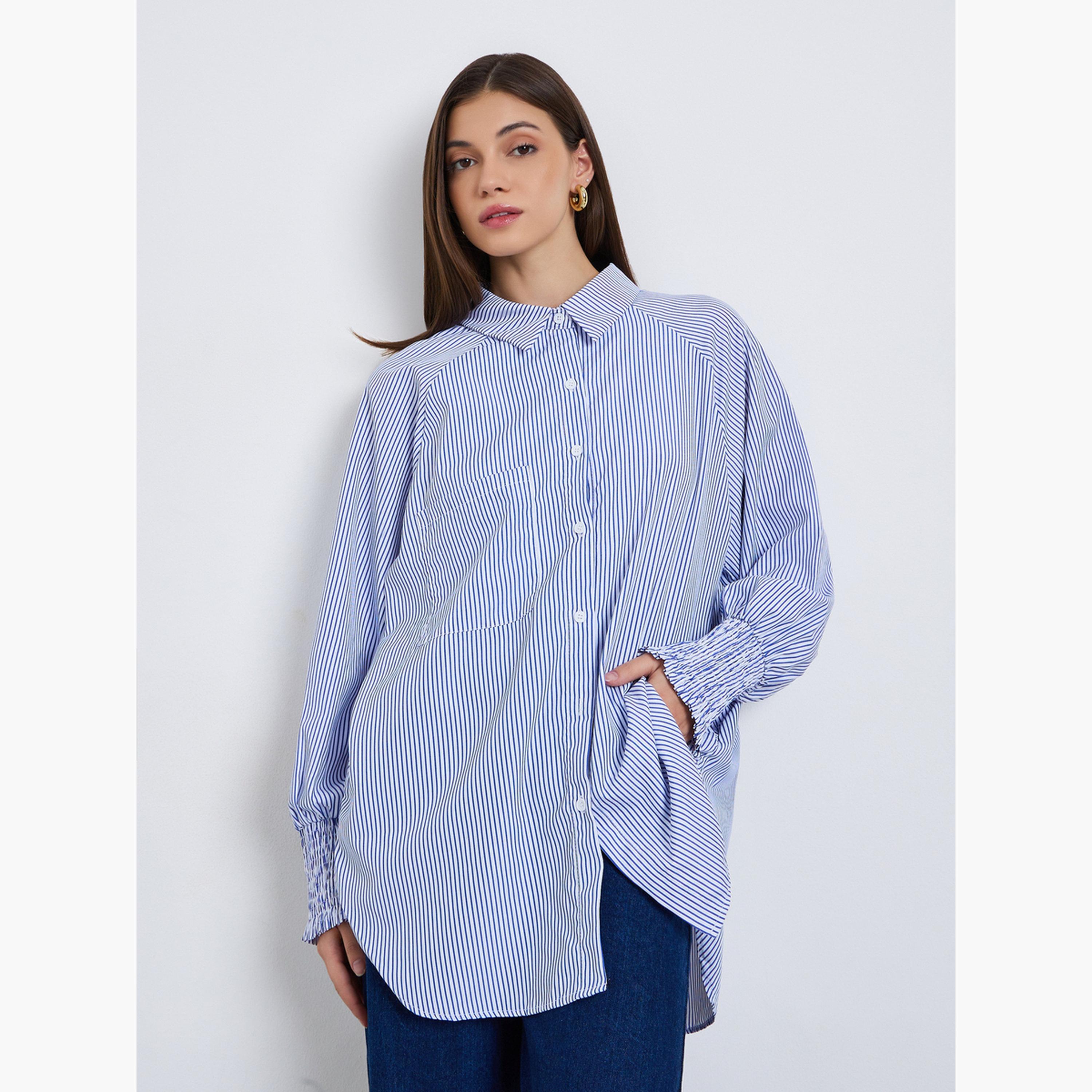 Styli Women Blue Striped Oversized Shirt-women-clothing-shirtsandblouses-shirts-image-1