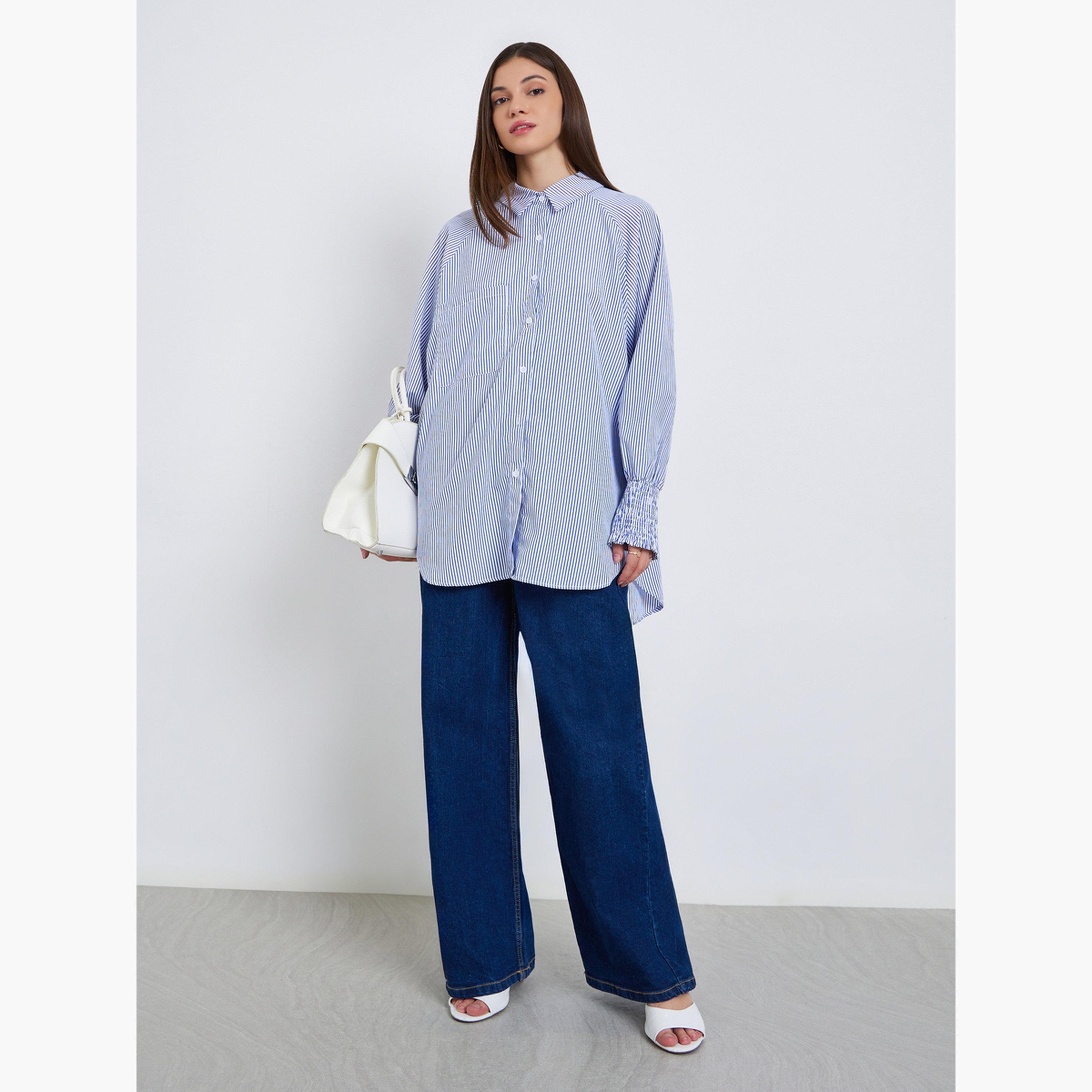 Styli Women Blue Striped Oversized Shirt-women-clothing-shirtsandblouses-shirts-image-2