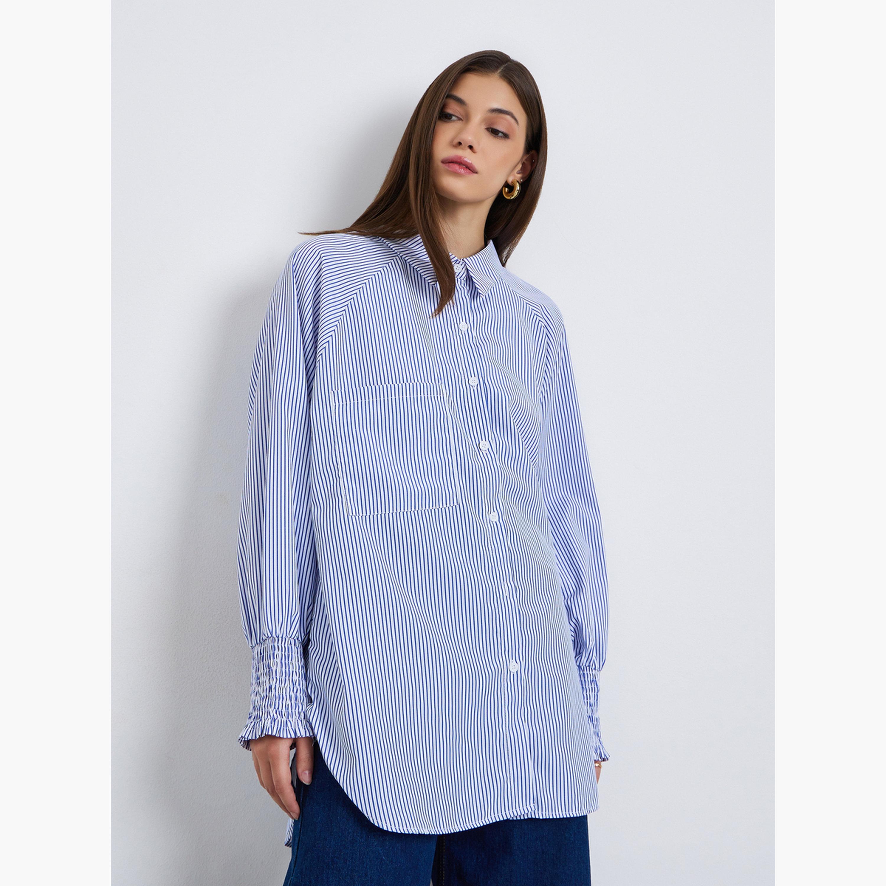 Styli Women Blue Striped Oversized Shirt-women-clothing-shirtsandblouses-shirts-image-3