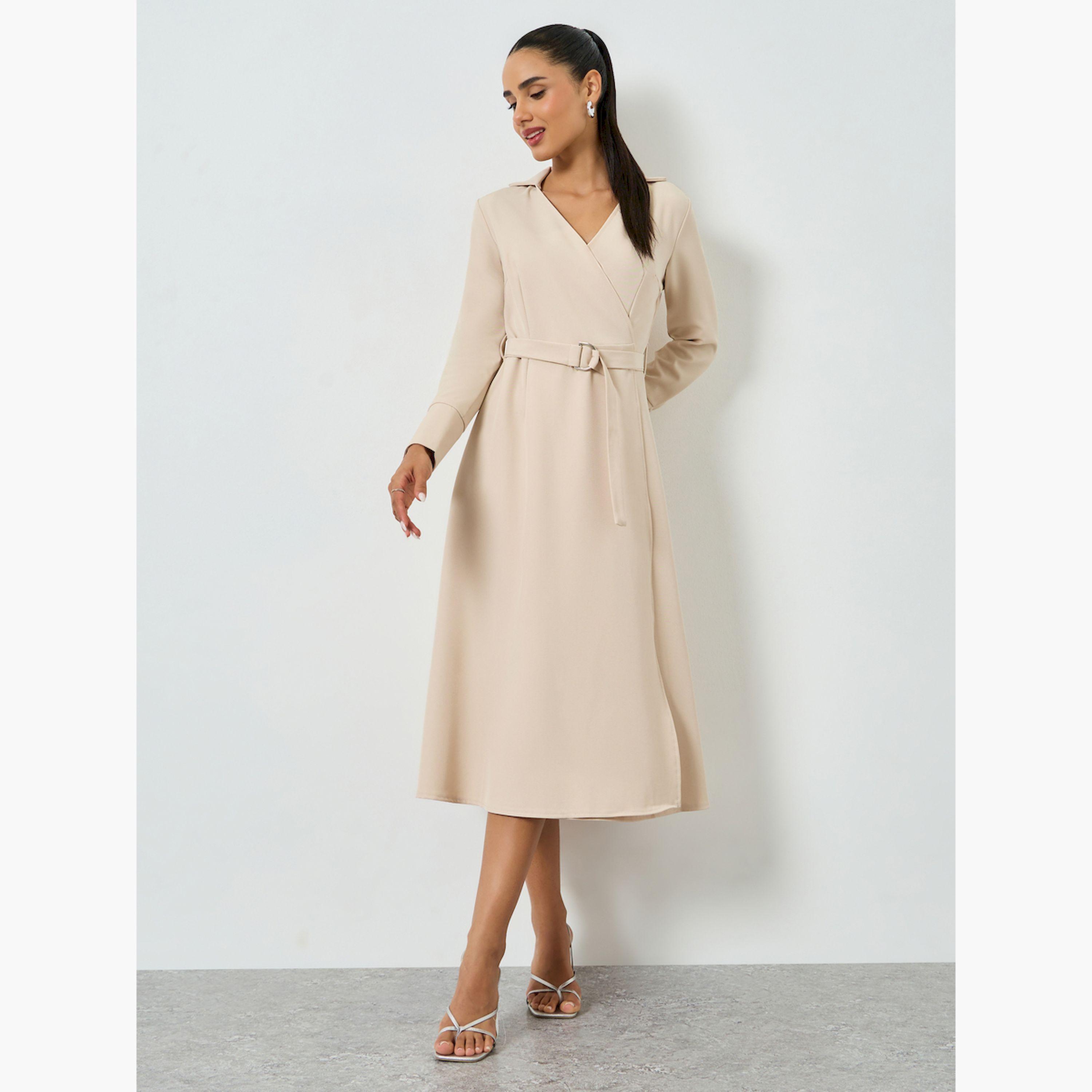 Styli Beige Long Sleeves Wrap Midi Dress-women-clothing-dresses-image-1