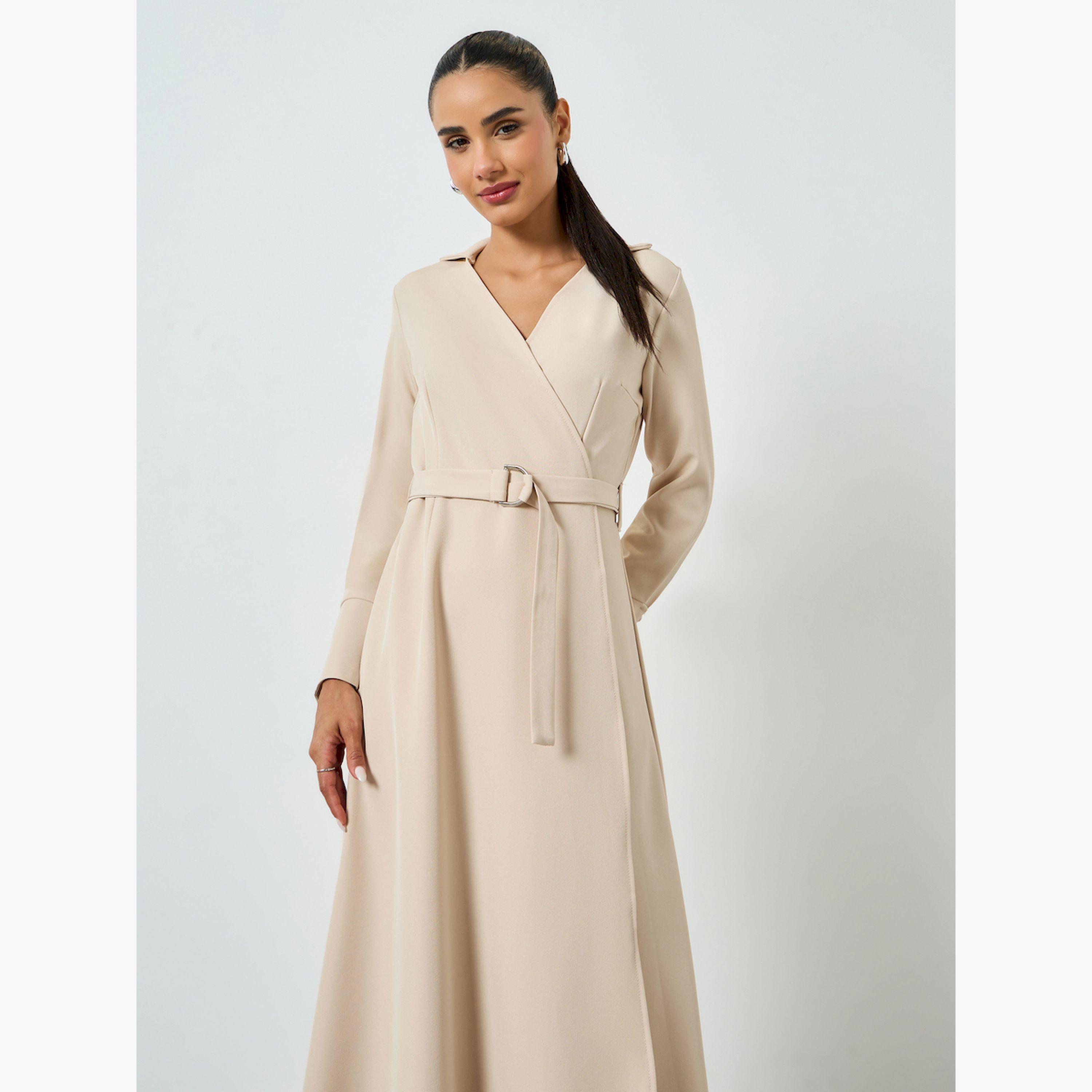Styli Beige Long Sleeves Wrap Midi Dress-women-clothing-dresses-image-2