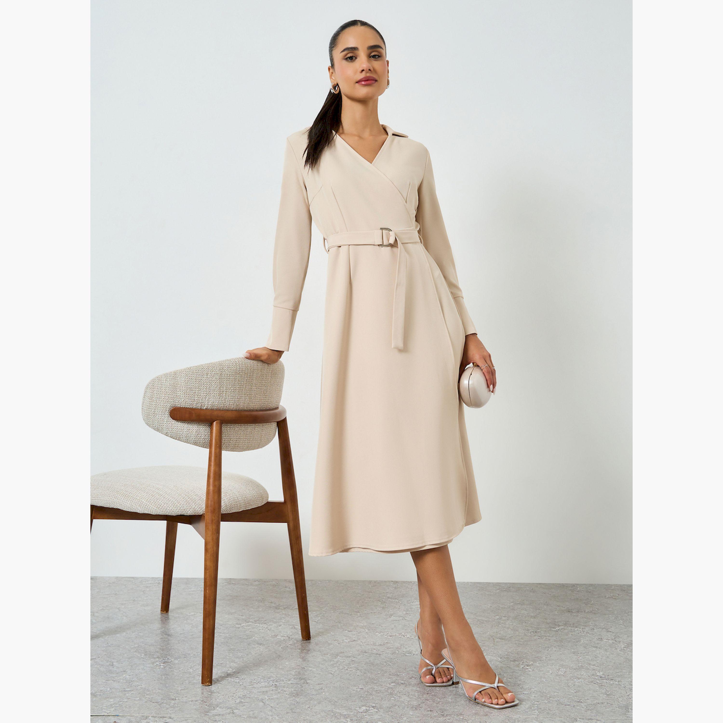 Styli Beige Long Sleeves Wrap Midi Dress-women-clothing-dresses-image-3