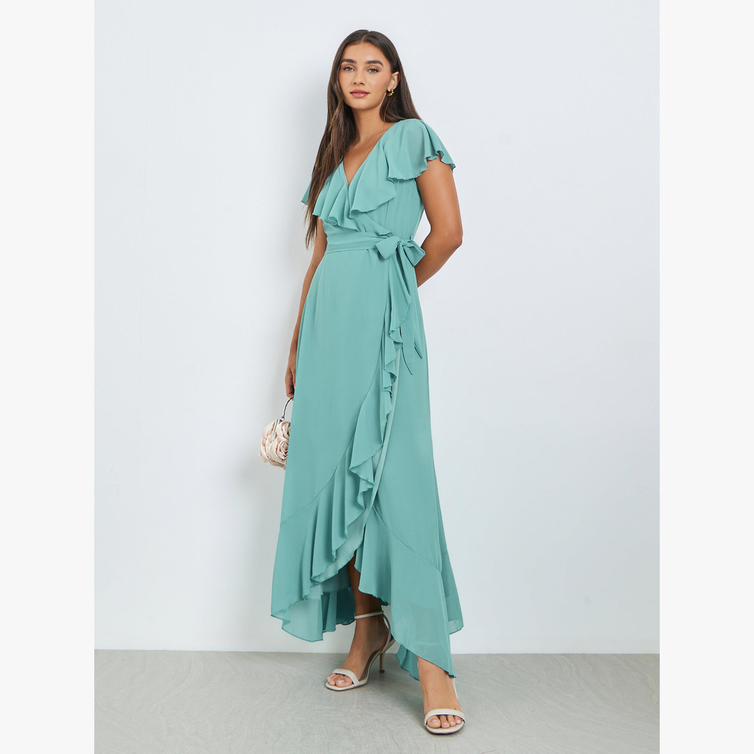 Styli Green Solid Wrap Front Ruffle Maxi Dress-women-clothing-dresses-image-1