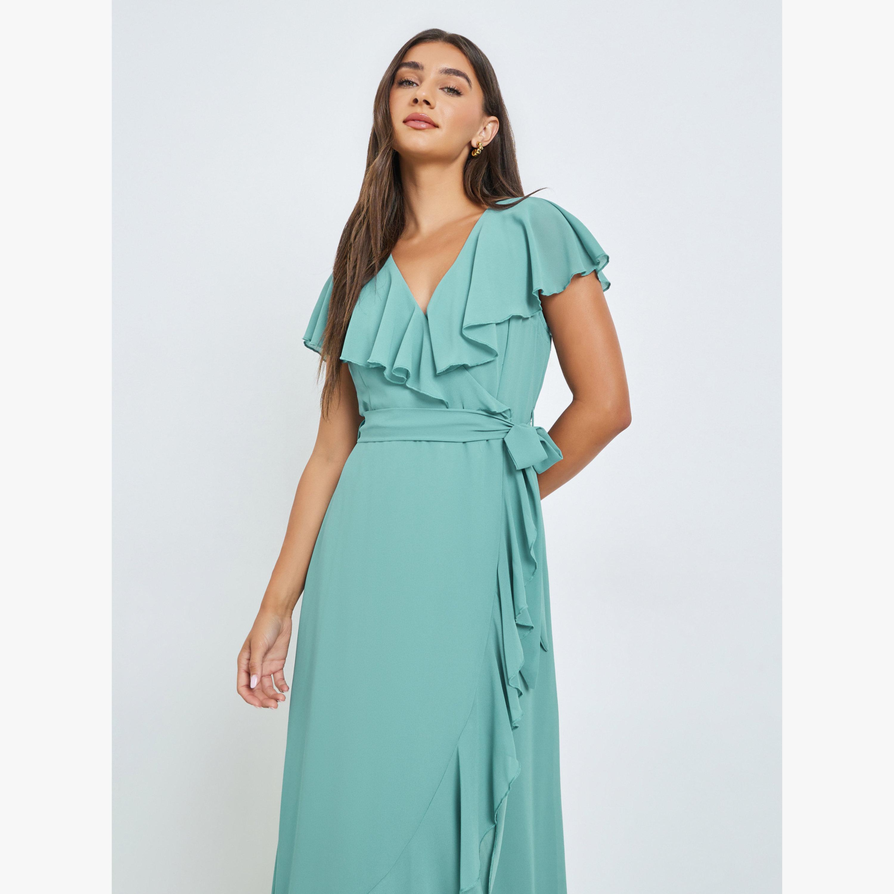 Styli Green Solid Wrap Front Ruffle Maxi Dress-women-clothing-dresses-image-2