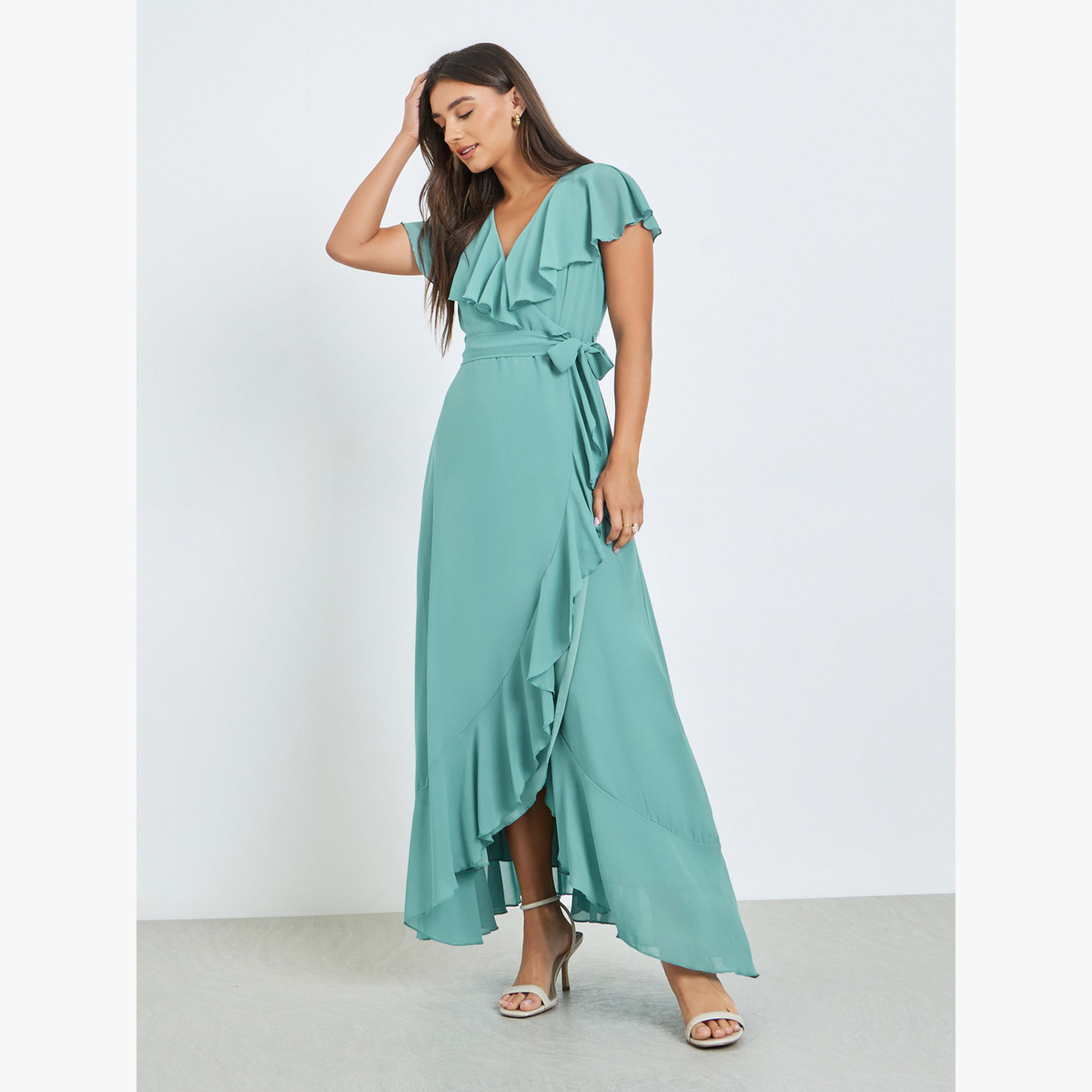 Styli Green Solid Wrap Front Ruffle Maxi Dress-women-clothing-dresses-image-3