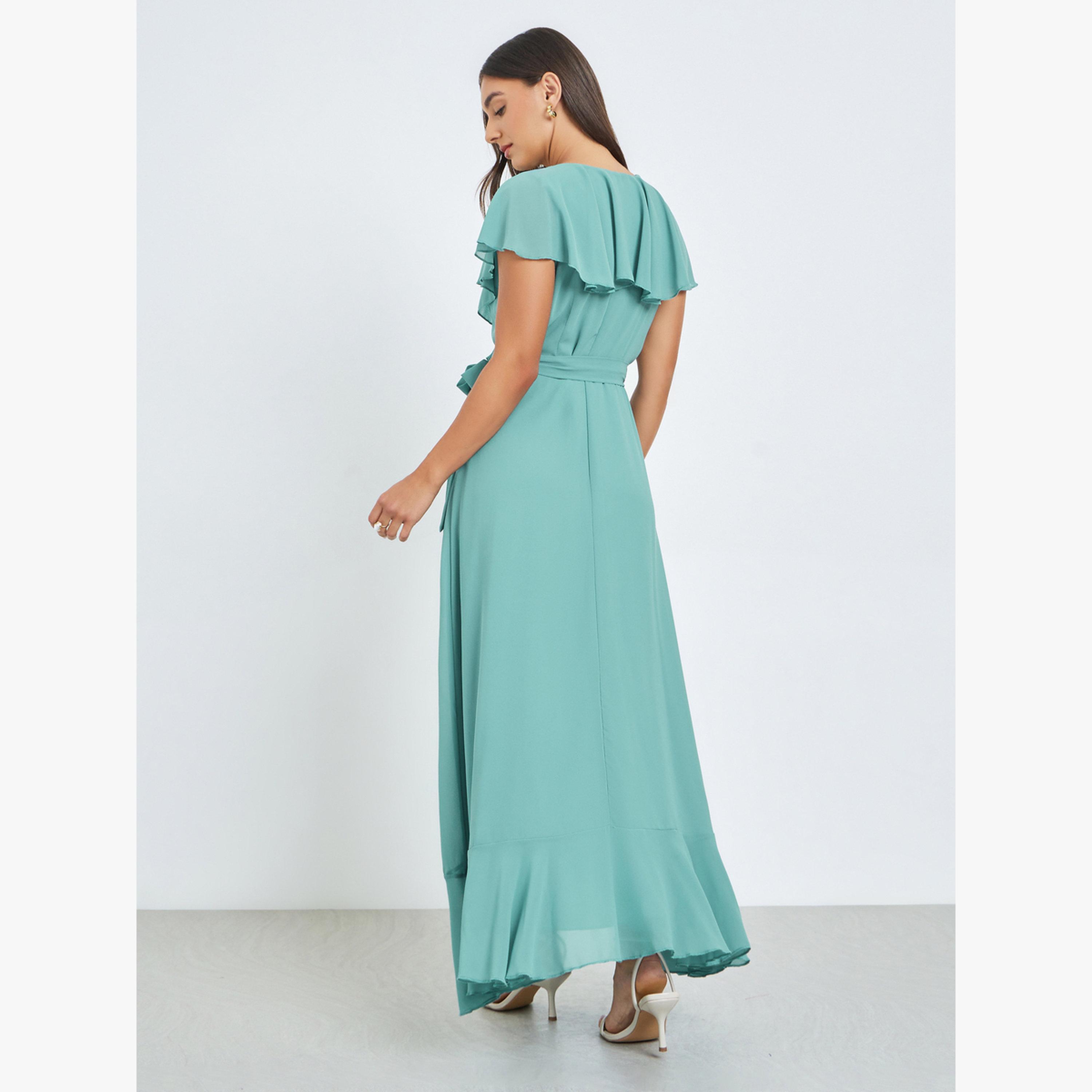 Styli Green Solid Wrap Front Ruffle Maxi Dress-women-clothing-dresses-image-4