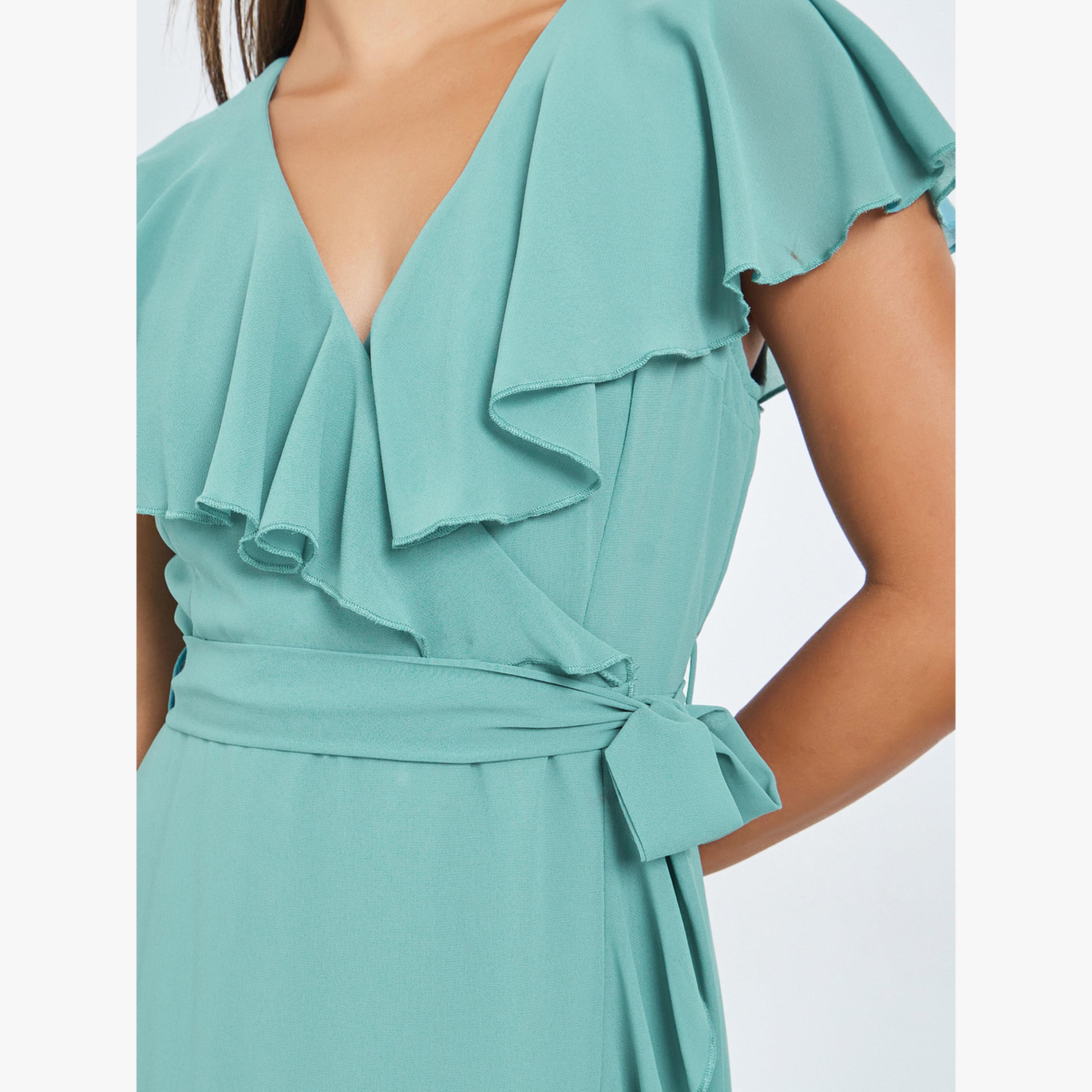 Styli Green Solid Wrap Front Ruffle Maxi Dress-women-clothing-dresses-image-5