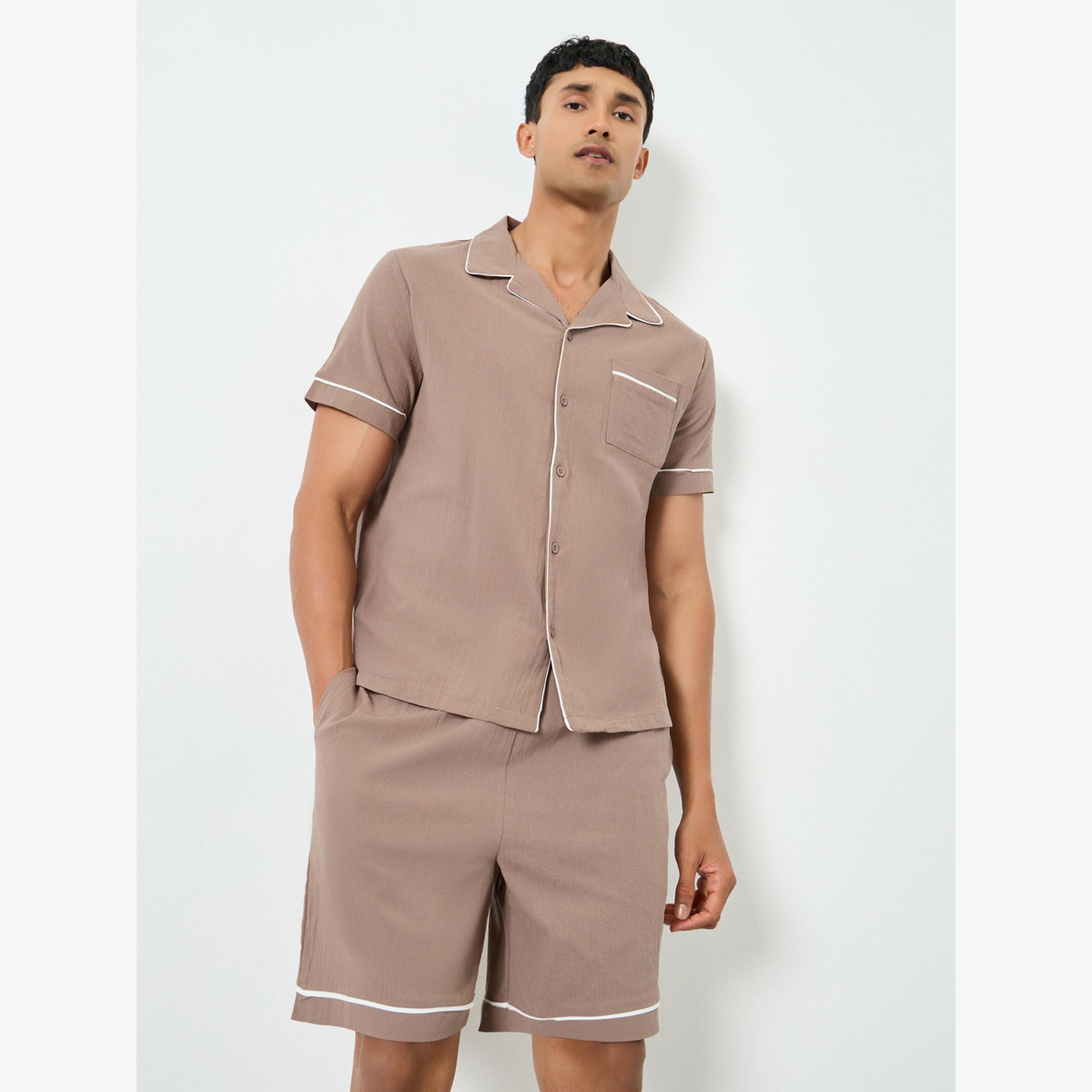 Styli Men Brown Piping Detail Shirt and Shorts Set-men-clothing-nightwear-sets-image-1