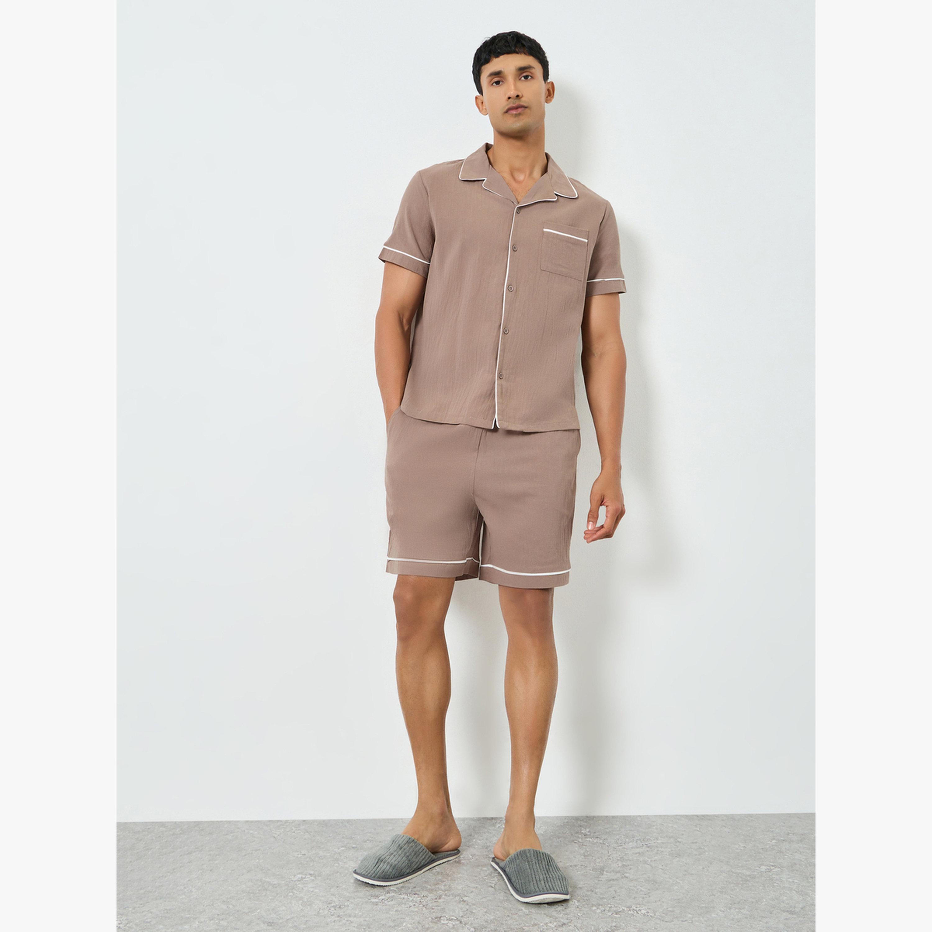 Styli Men Brown Piping Detail Shirt and Shorts Set-men-clothing-nightwear-sets-image-2